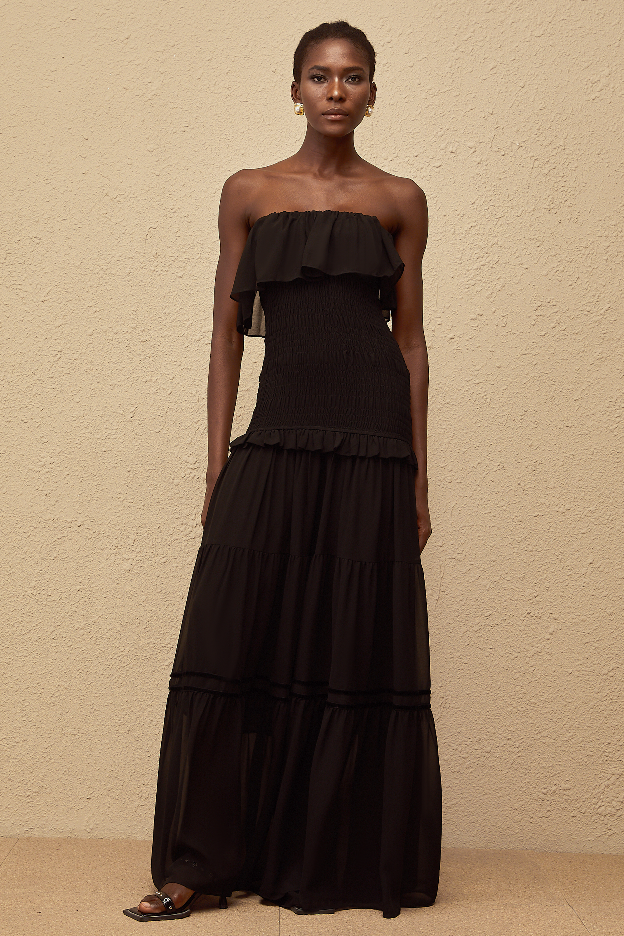 Karoliina Black Off-Shoulder Smocked Panel Maxi Dress