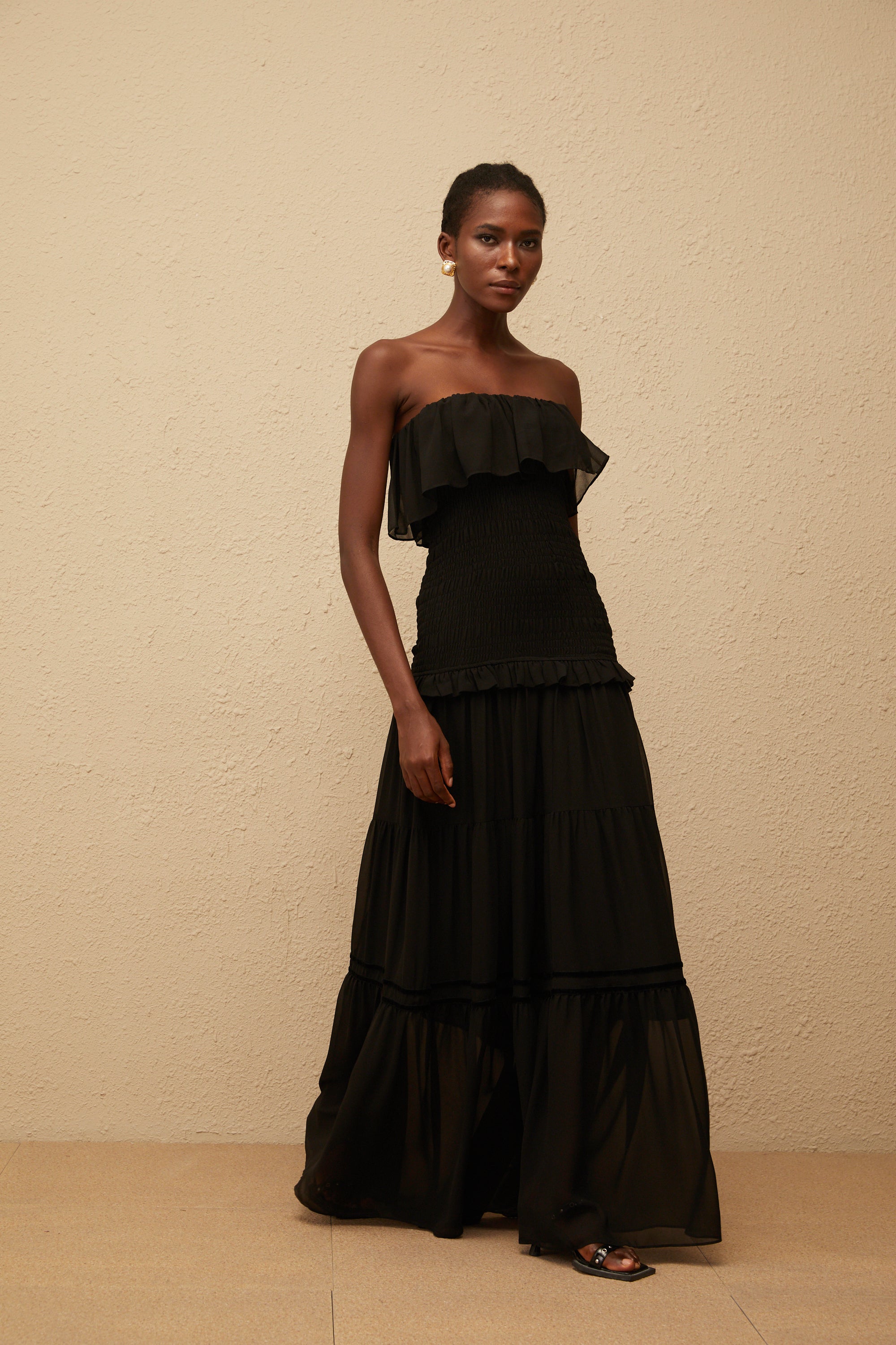 Karoliina Black Off-Shoulder Smocked Panel Maxi Dress