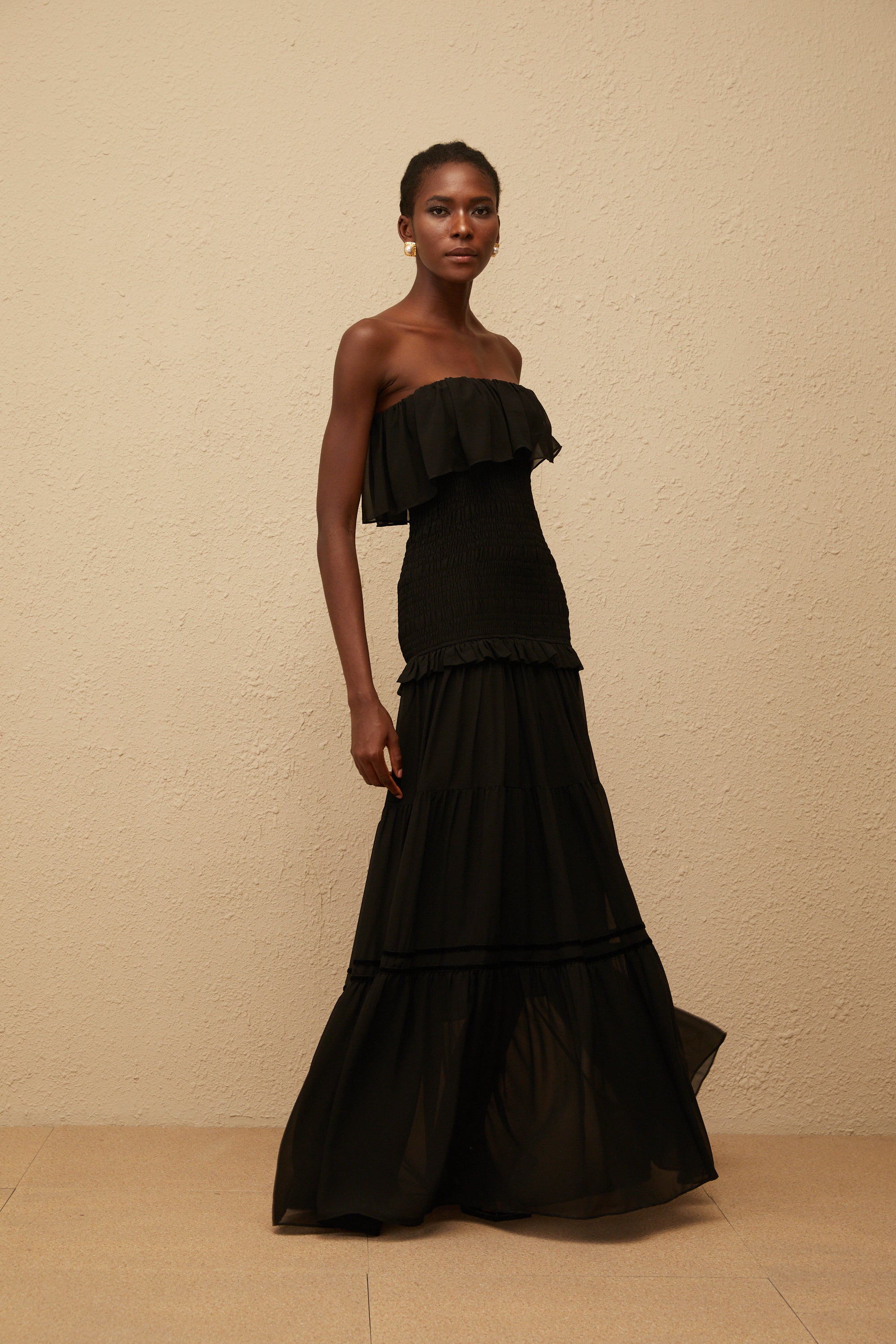 Karoliina Black Off-Shoulder Smocked Panel Maxi Dress