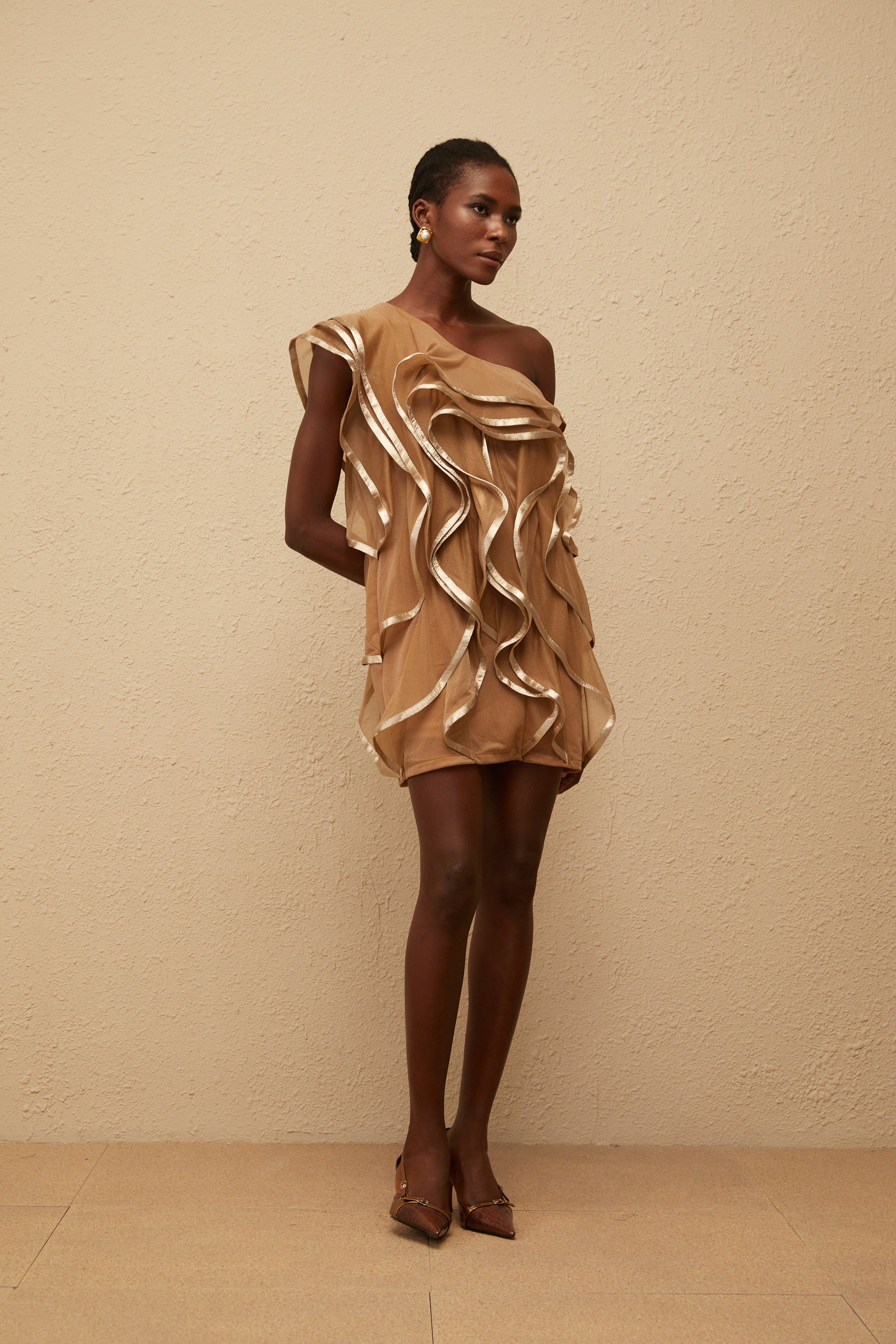 Alchimie Braunes, gerüschtes Tüll-Minikleid