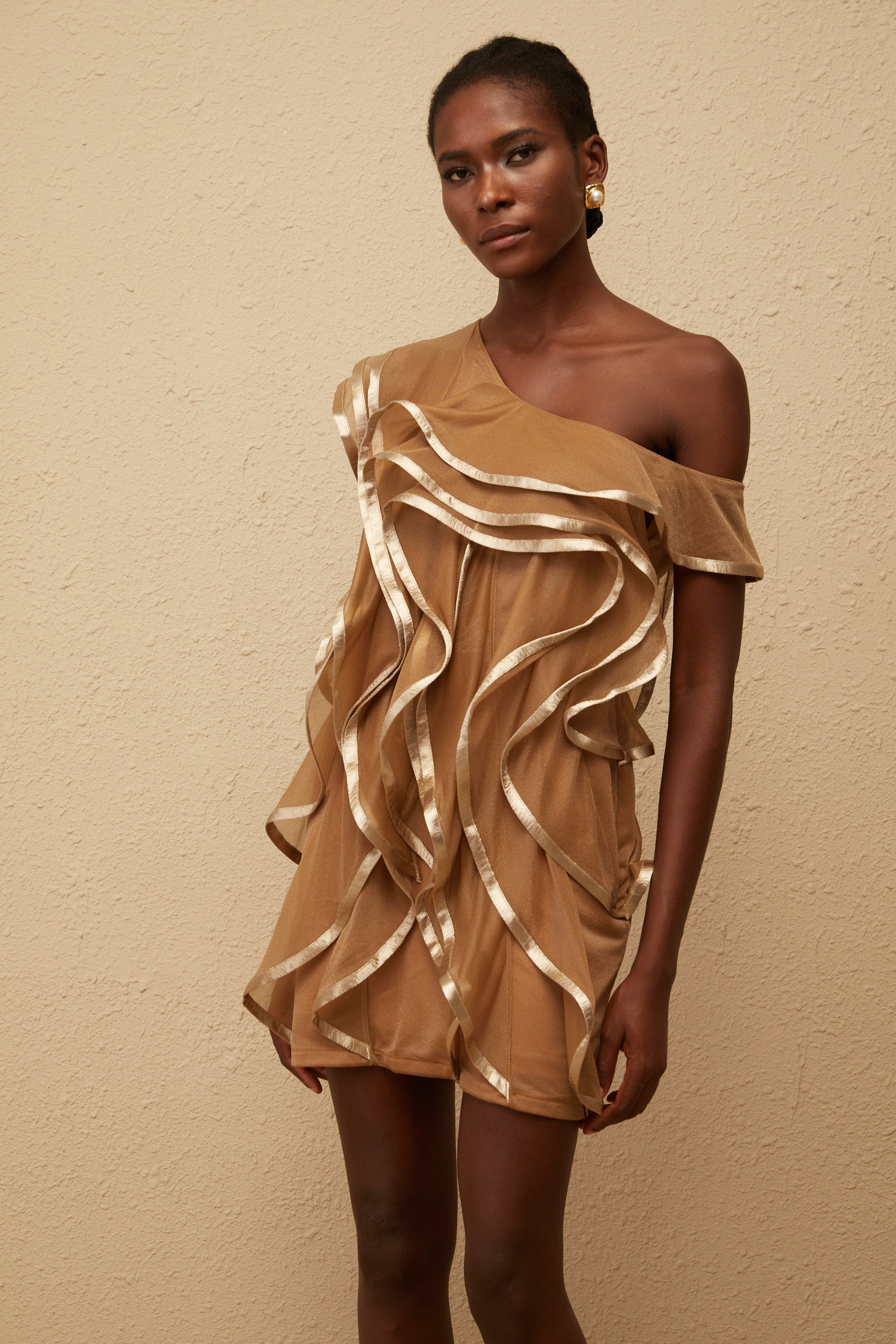 Alchimie Braunes, gerüschtes Tüll-Minikleid