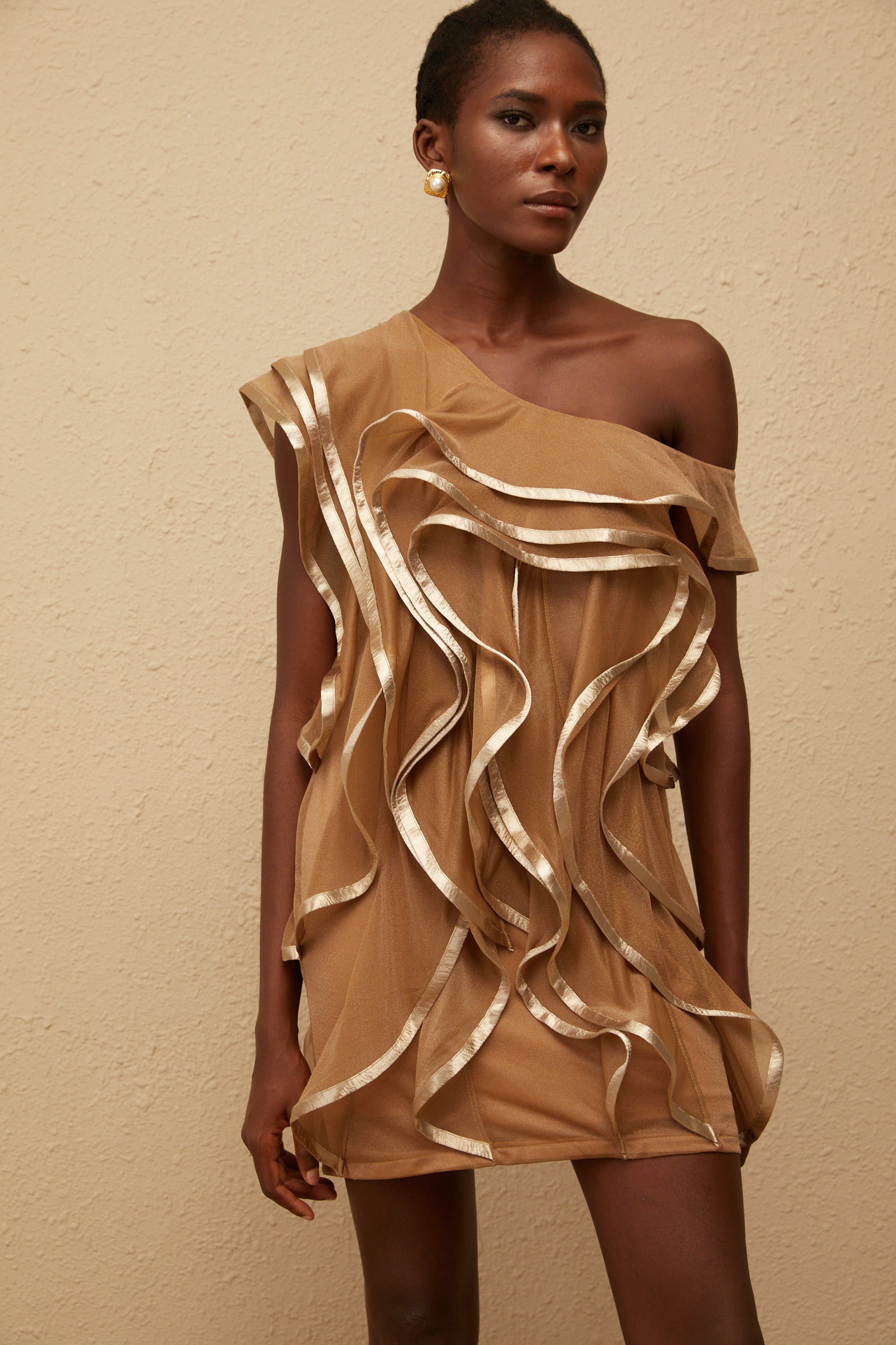 Alchimie Braunes, gerüschtes Tüll-Minikleid