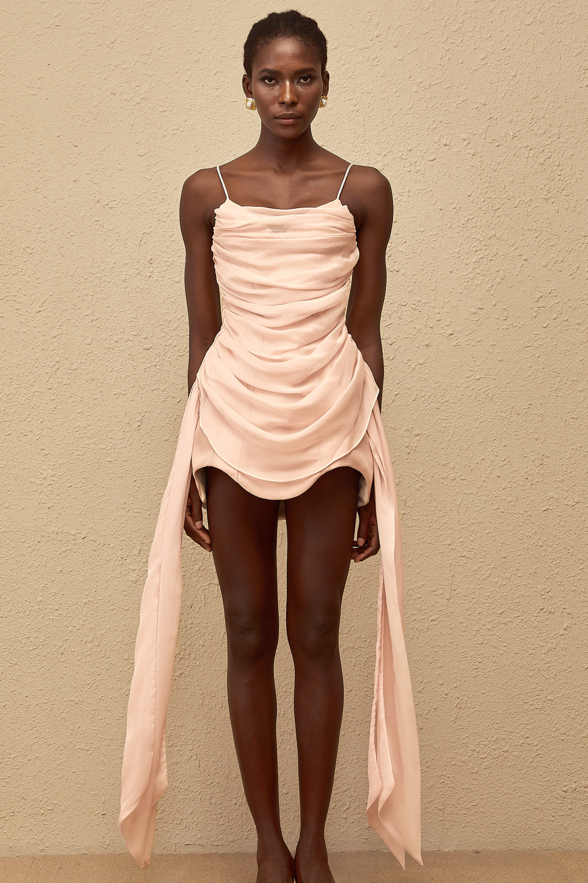 Vénus Pink Ribbon Design Ruched Mini Dress