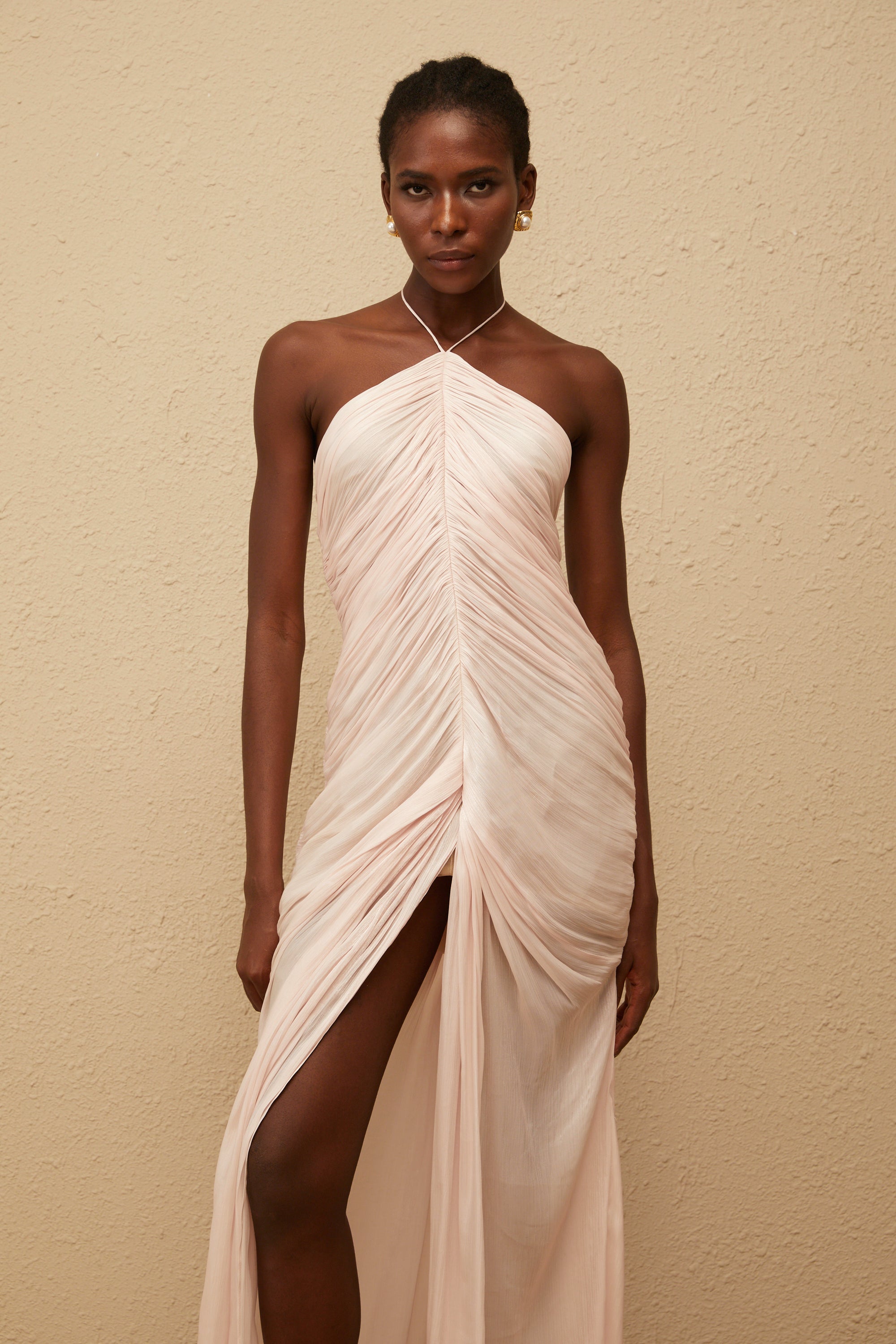 Ivresse Pink Halterneck Ruched Maxi Dress