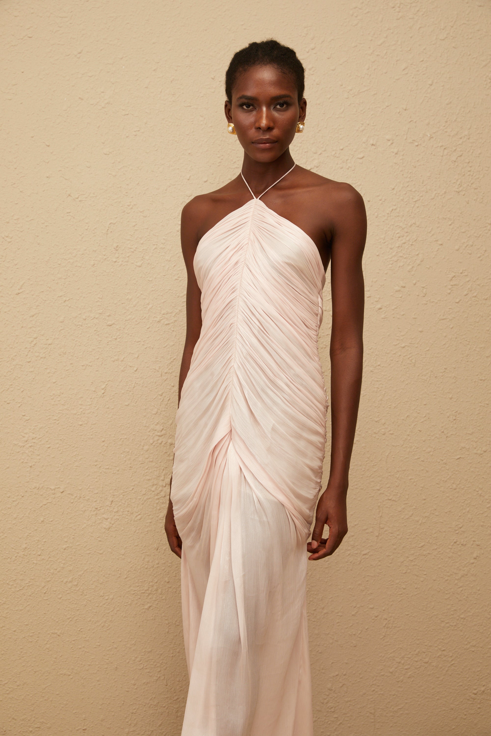 Ivresse Pink Halterneck Ruched Maxi Dress