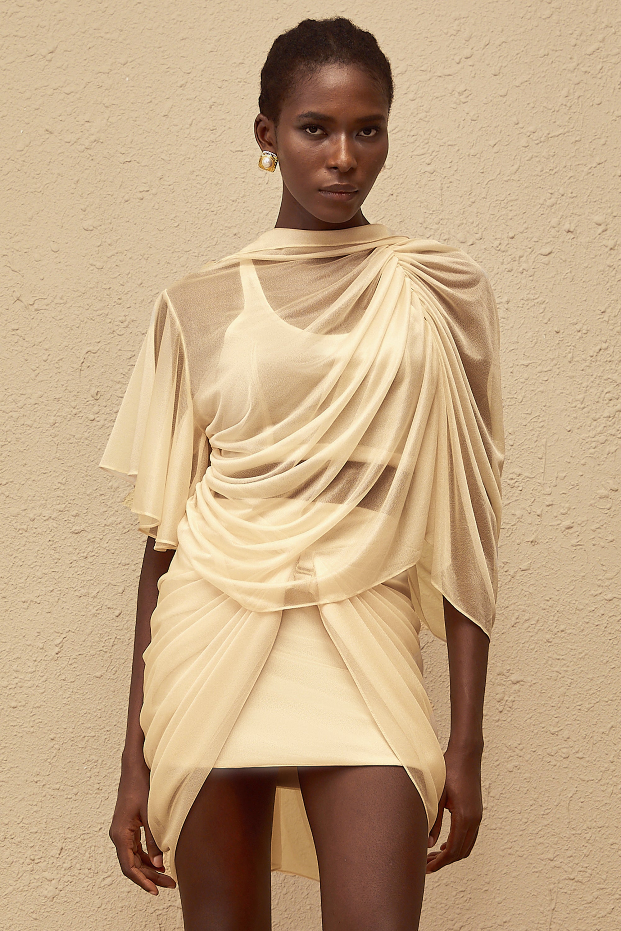 Pénombre Neutral Ruched Tulle Top & Skirt Set