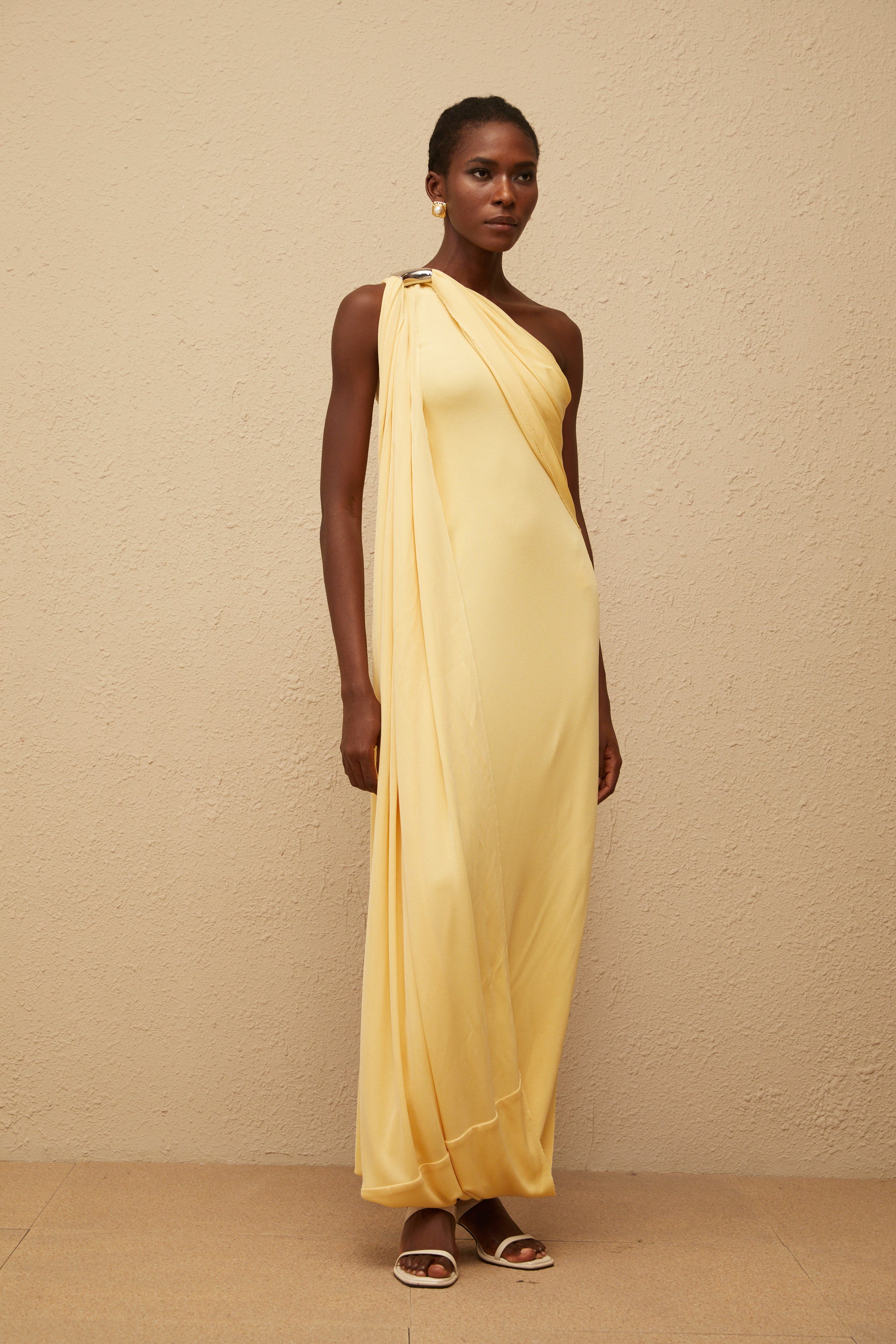 Garance Yellow Draped Asymmetrical Maxi Dress