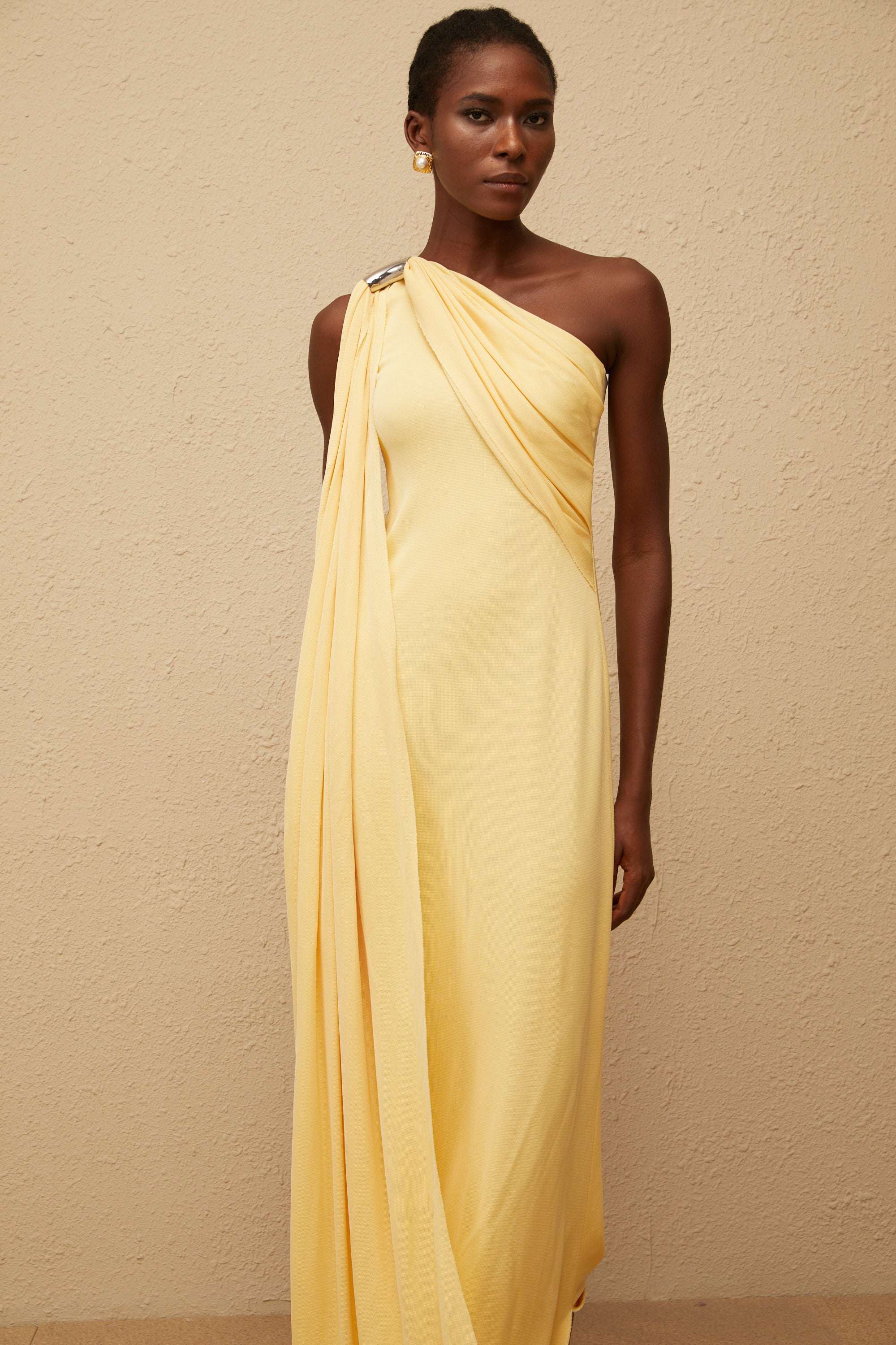 Garance Yellow Draped Asymmetrical Maxi Dress