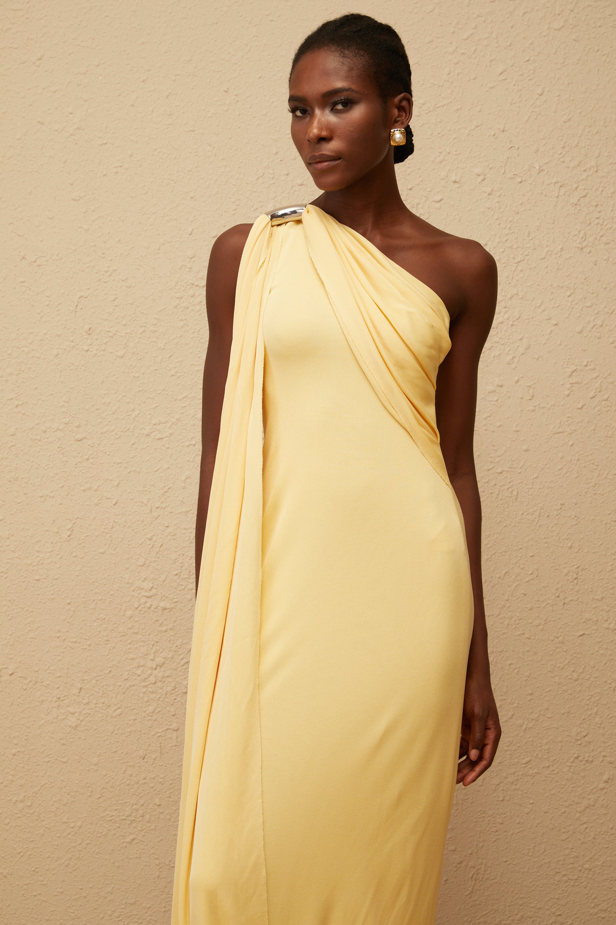 Garance Yellow Draped Asymmetrical Maxi Dress