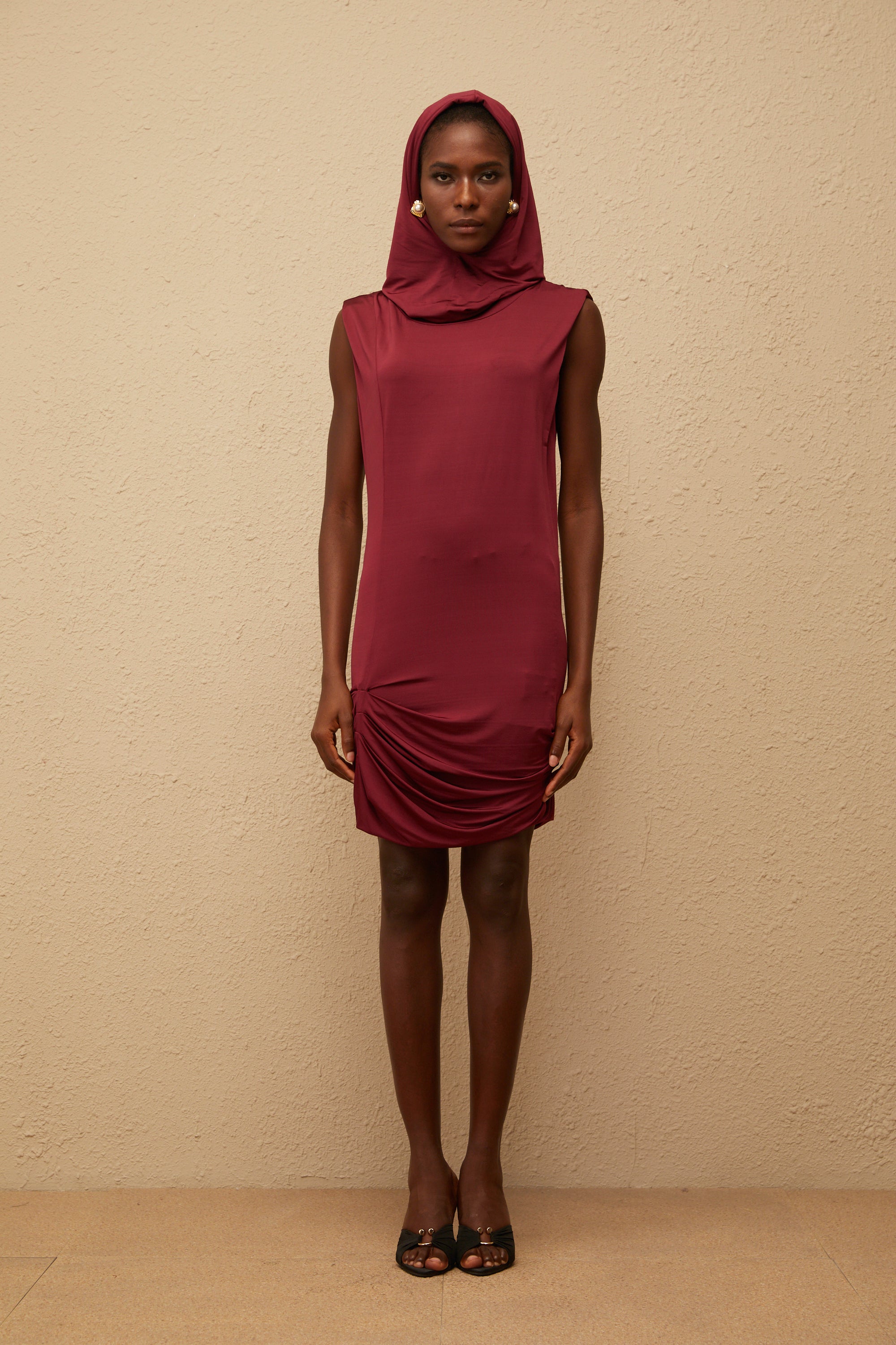 Aino Red Hooded Ruched Mini Dress