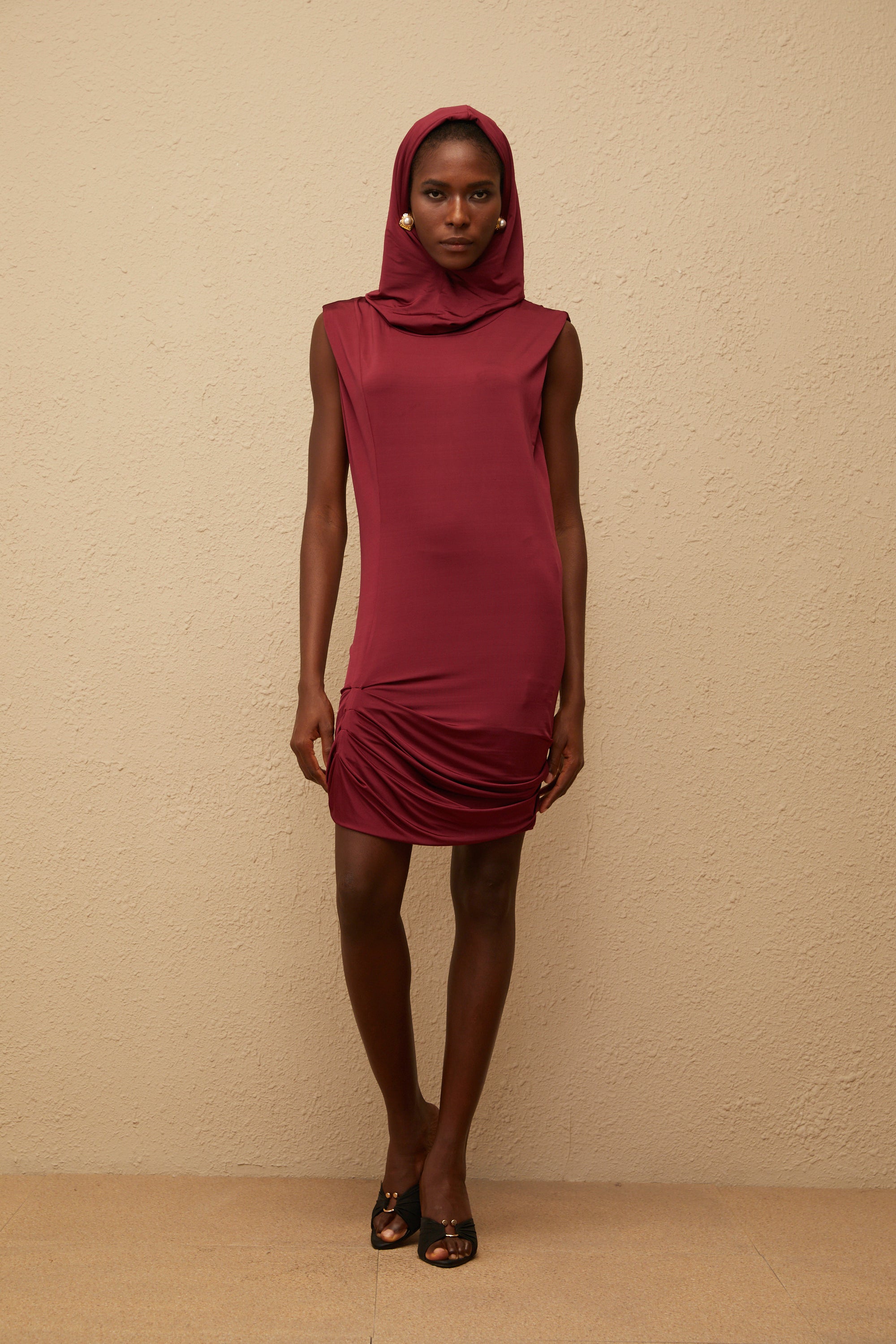 Aino Red Hooded Ruched Mini Dress