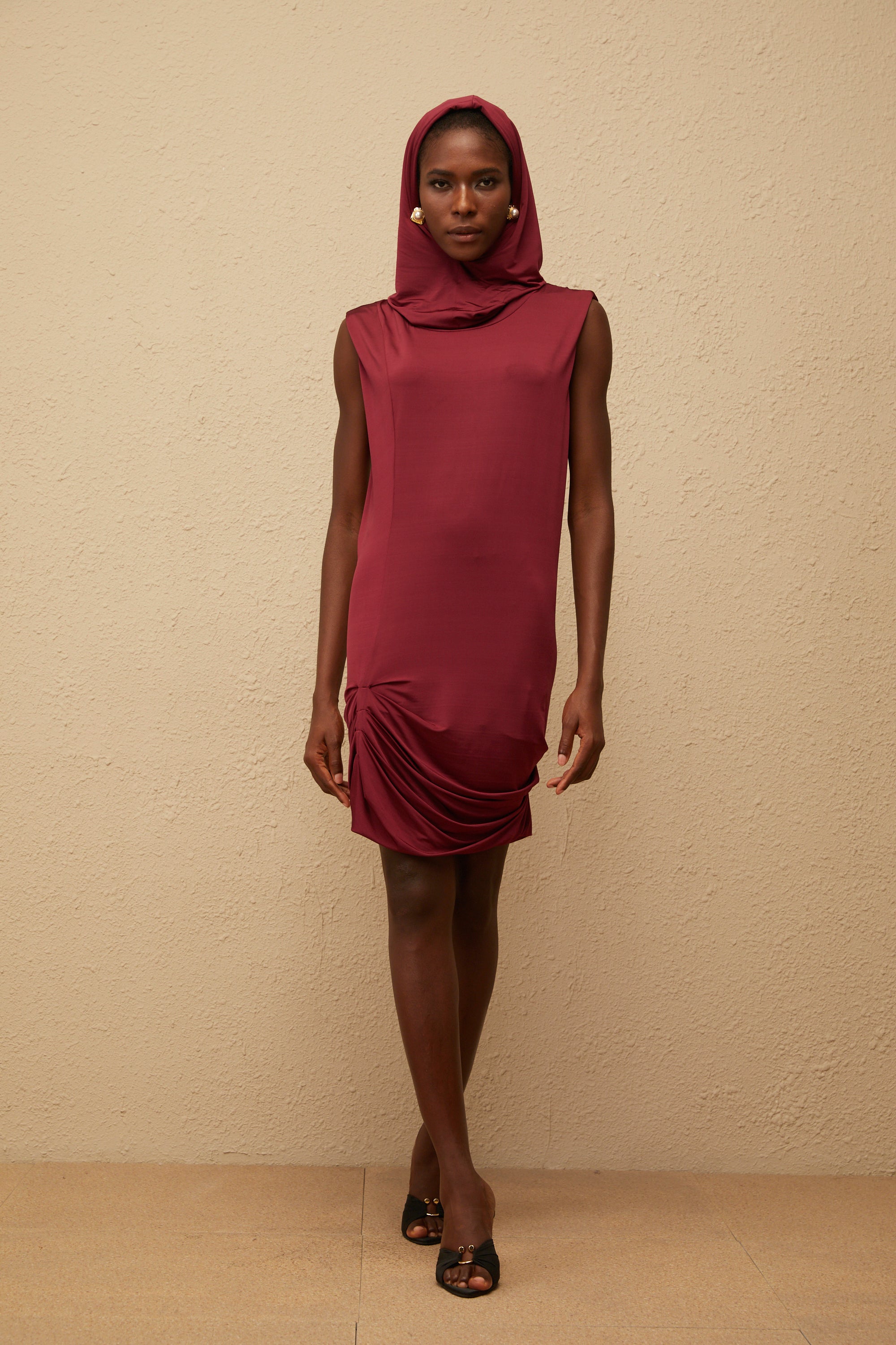 Aino Red Hooded Ruched Mini Dress