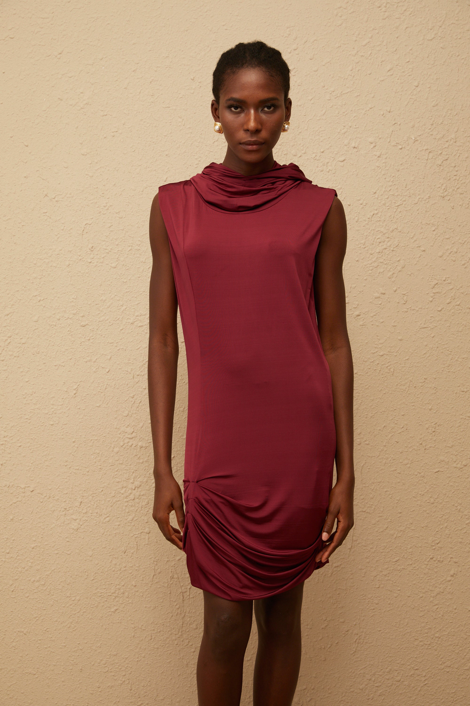 Aino Red Hooded Ruched Mini Dress