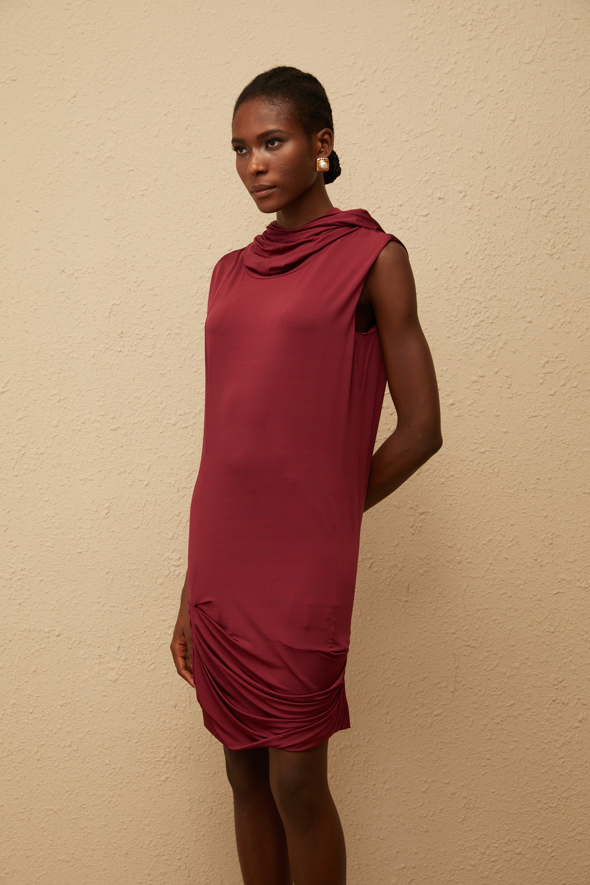 Aino Red Hooded Ruched Mini Dress