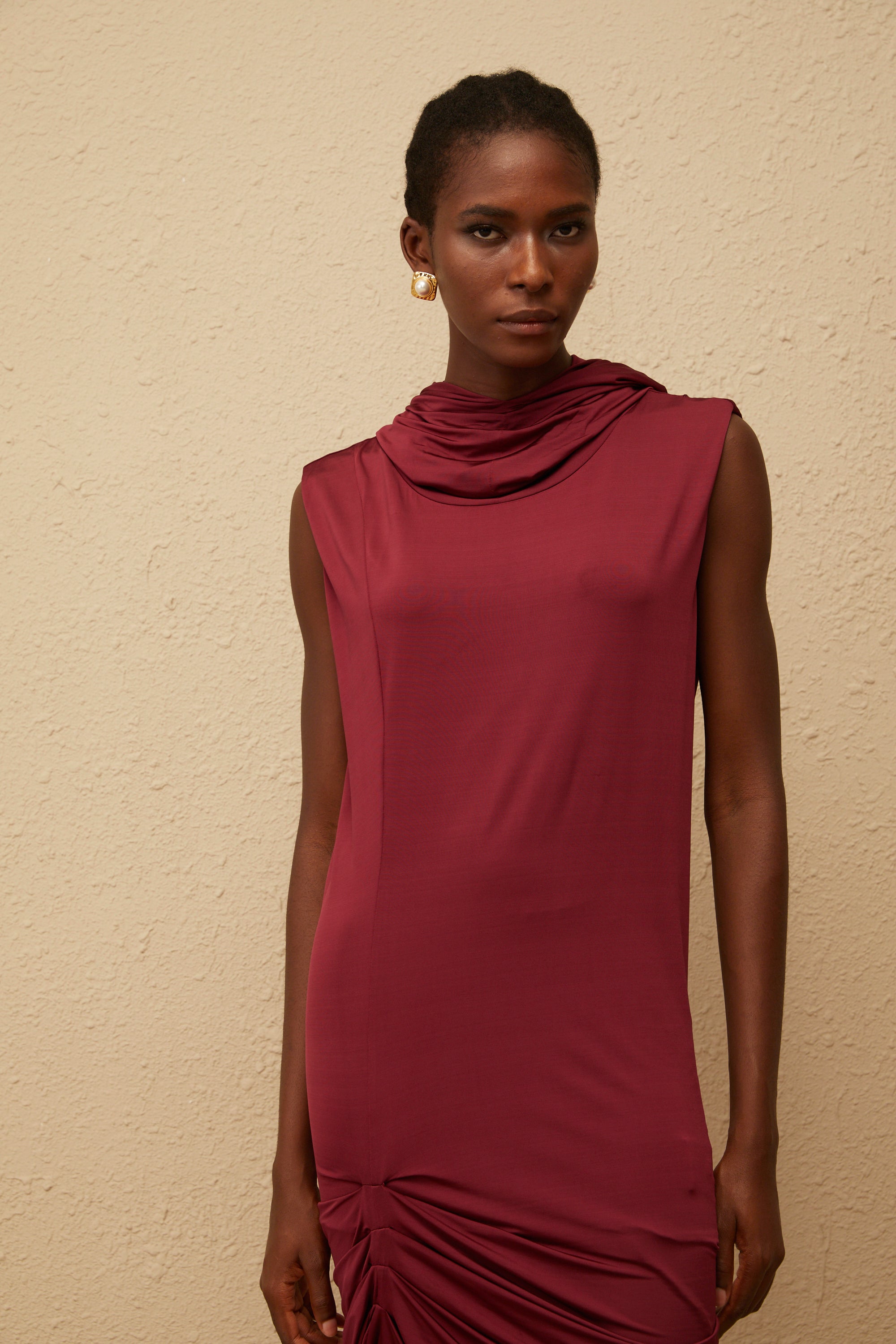 Aino Red Hooded Ruched Mini Dress