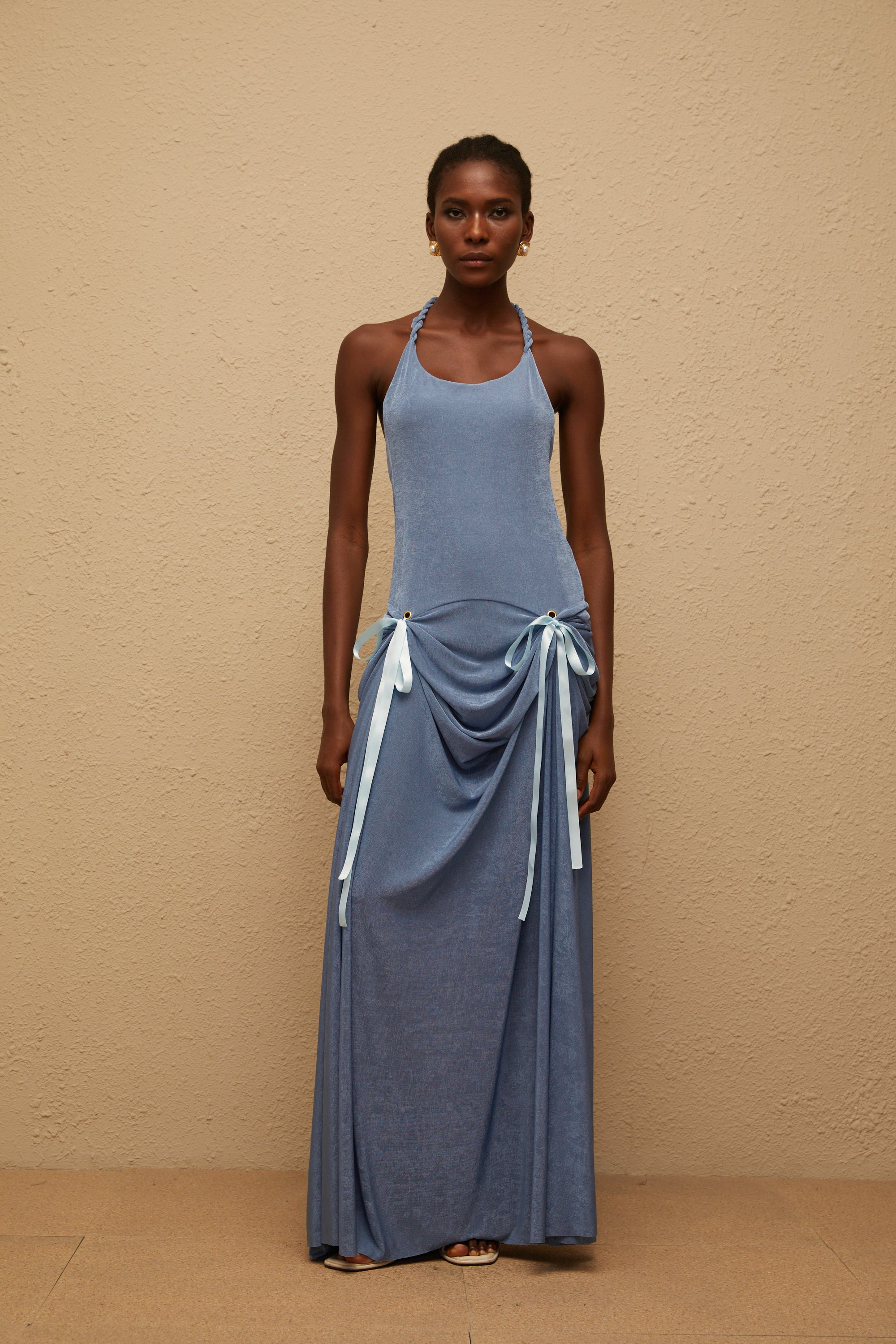 Adèle Blue Bowknot Velvet Maxi Dress