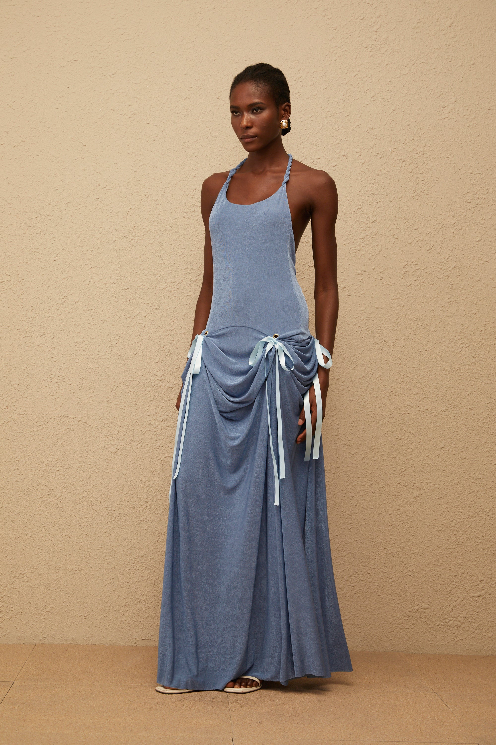 Adèle Blue Bowknot Velvet Maxi Dress