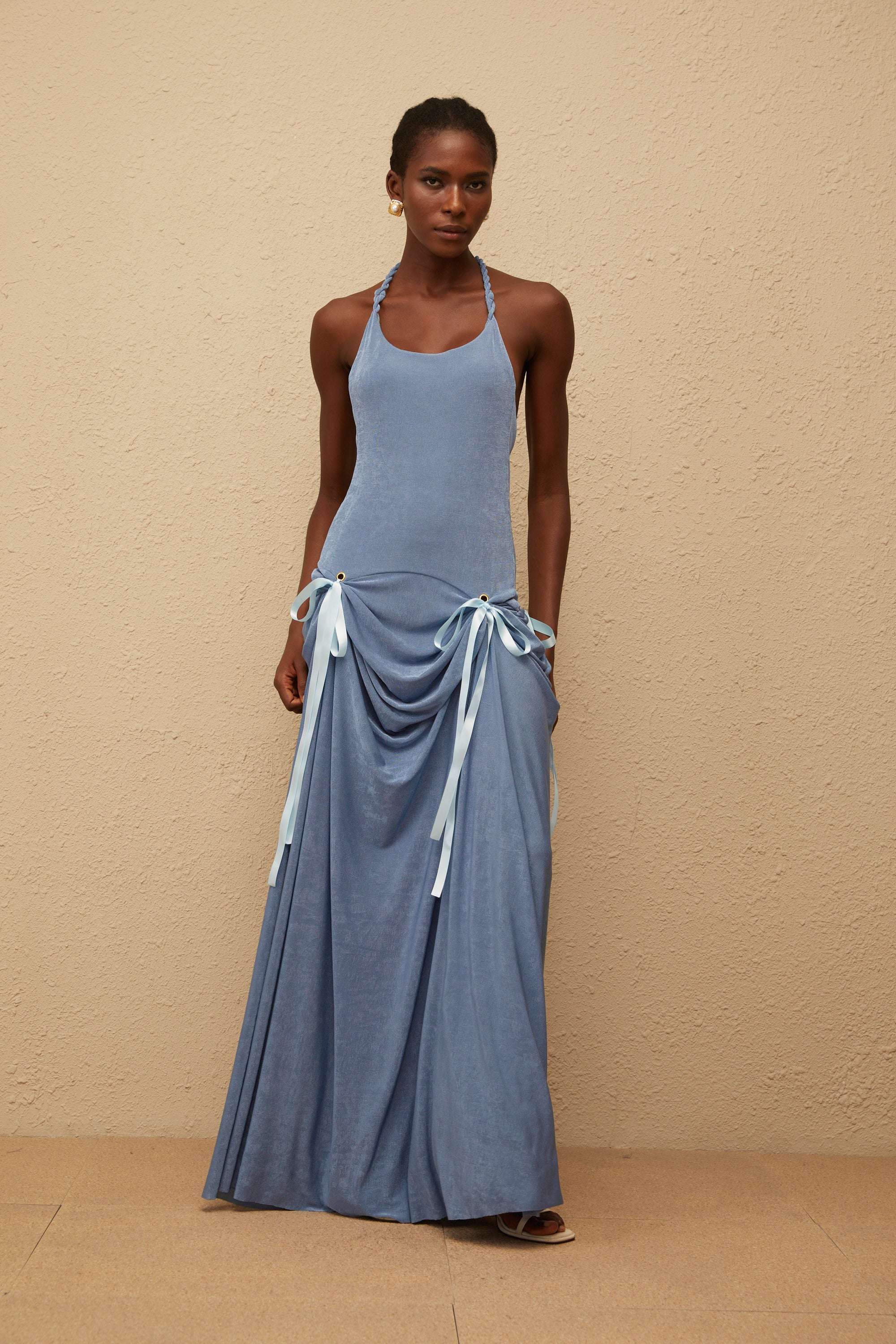 Adèle Blue Bowknot Velvet Maxi Dress