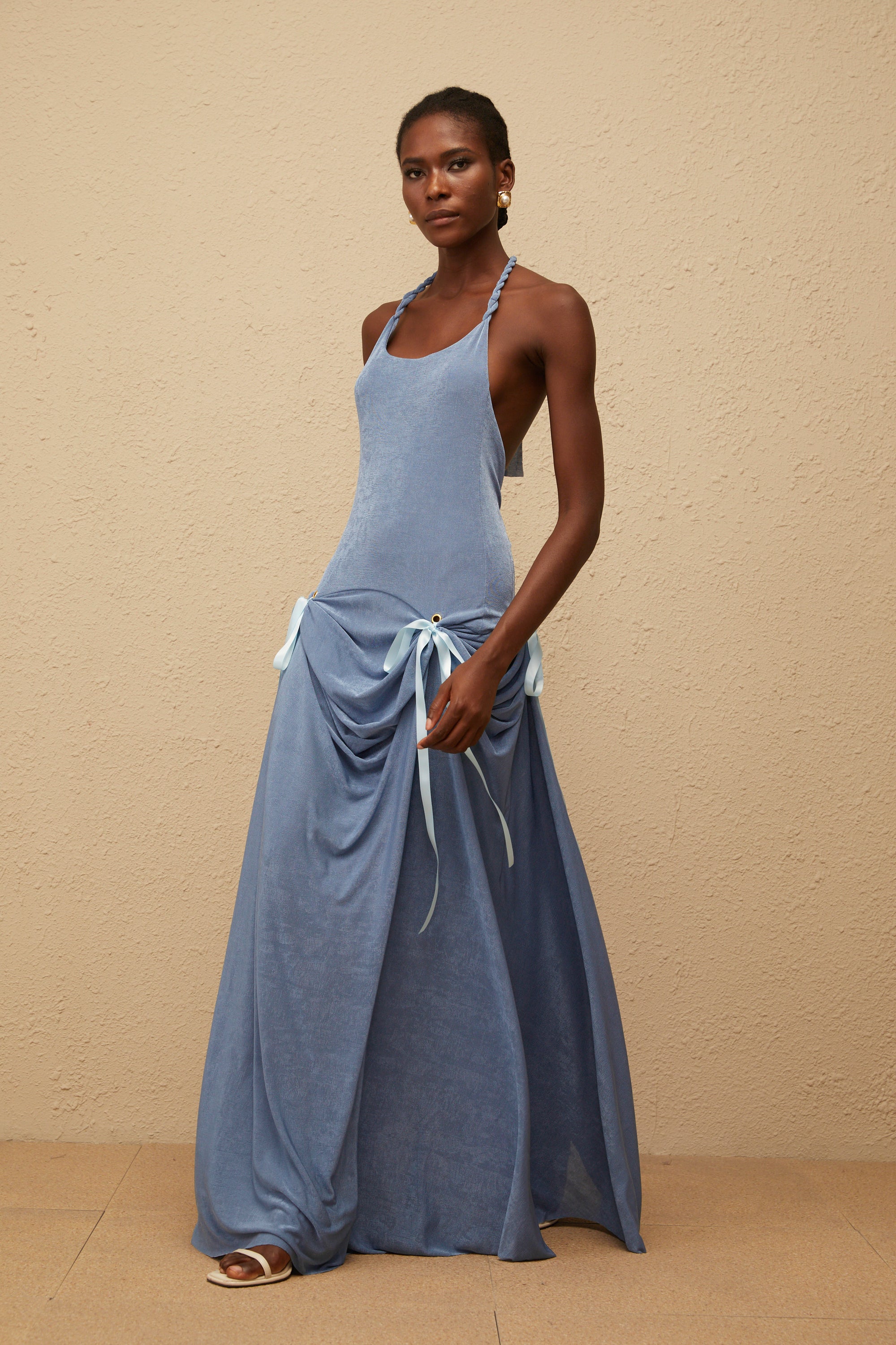 Adèle Blue Bowknot Velvet Maxi Dress