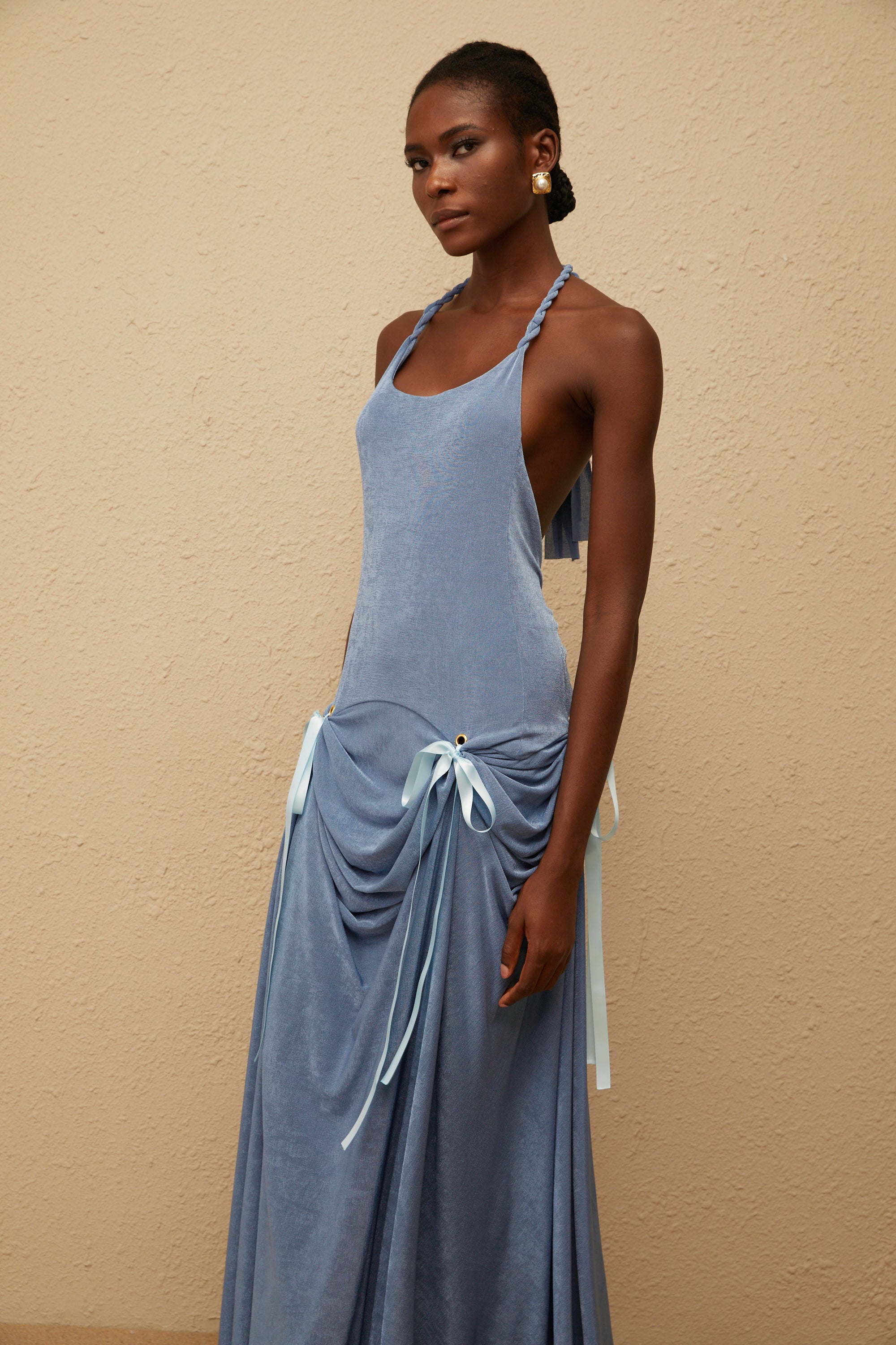 Adèle Blue Bowknot Velvet Maxi Dress
