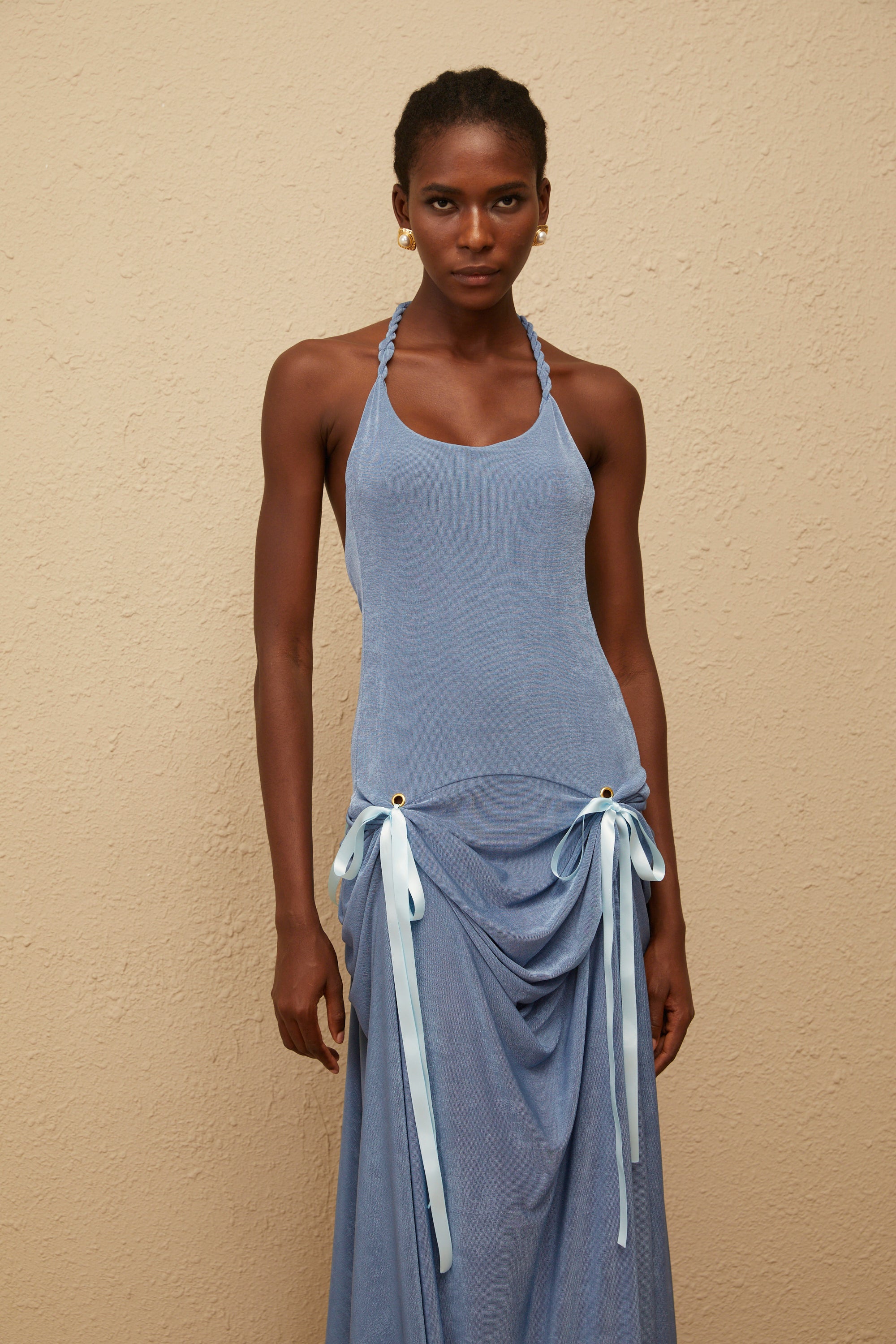 Adèle Blue Bowknot Velvet Maxi Dress