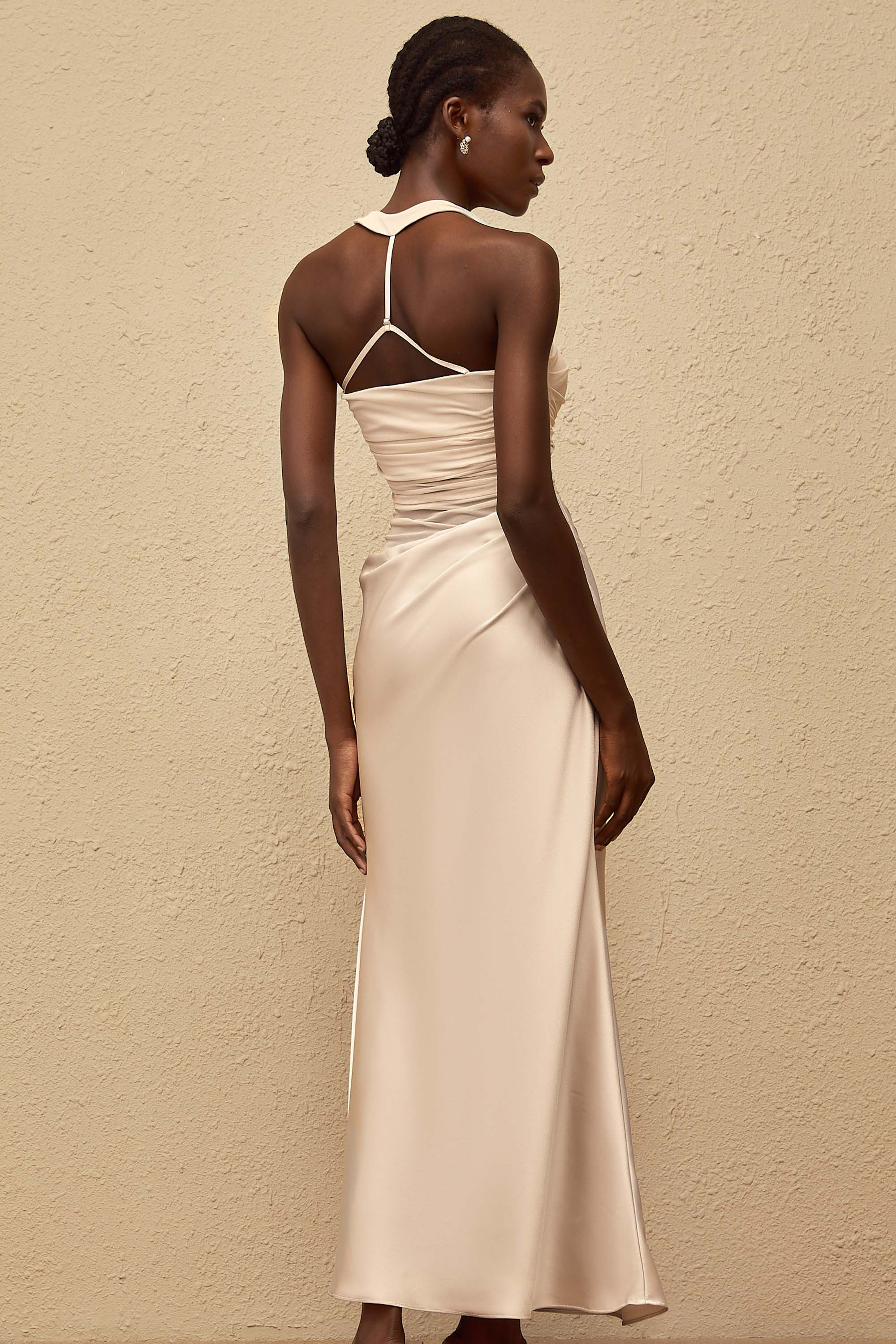 Taina Grey Mesh Panel Ruched Maxi Dress (Final Sale)