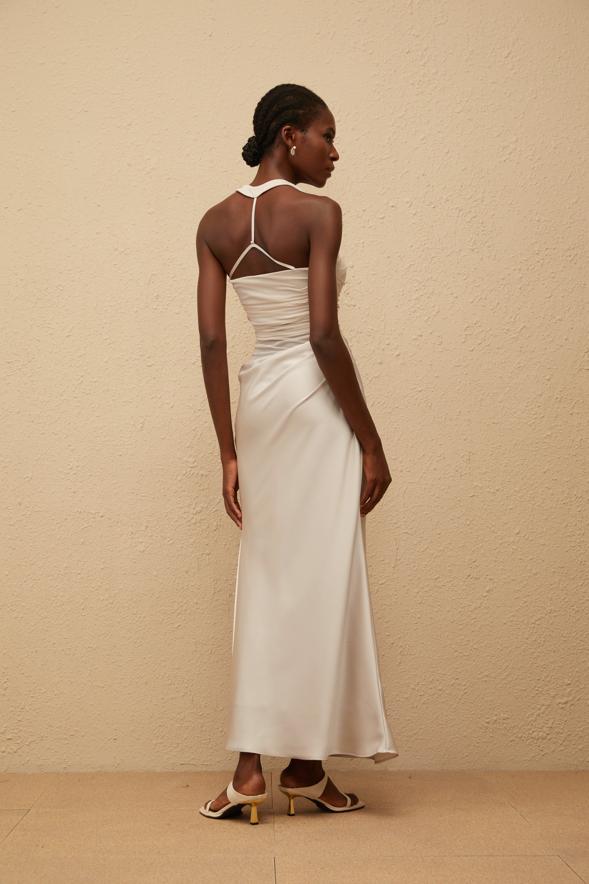 Taina Grey Mesh Panel Ruched Maxi Dress (Final Sale)