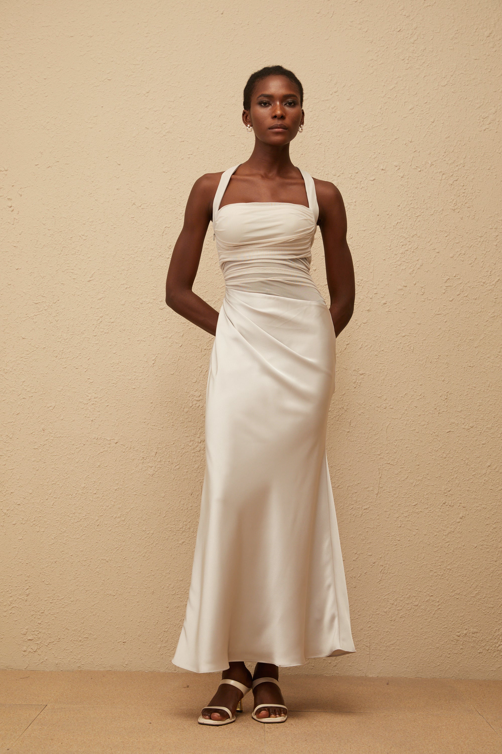 Taina Grey Mesh Panel Ruched Maxi Dress (Final Sale)