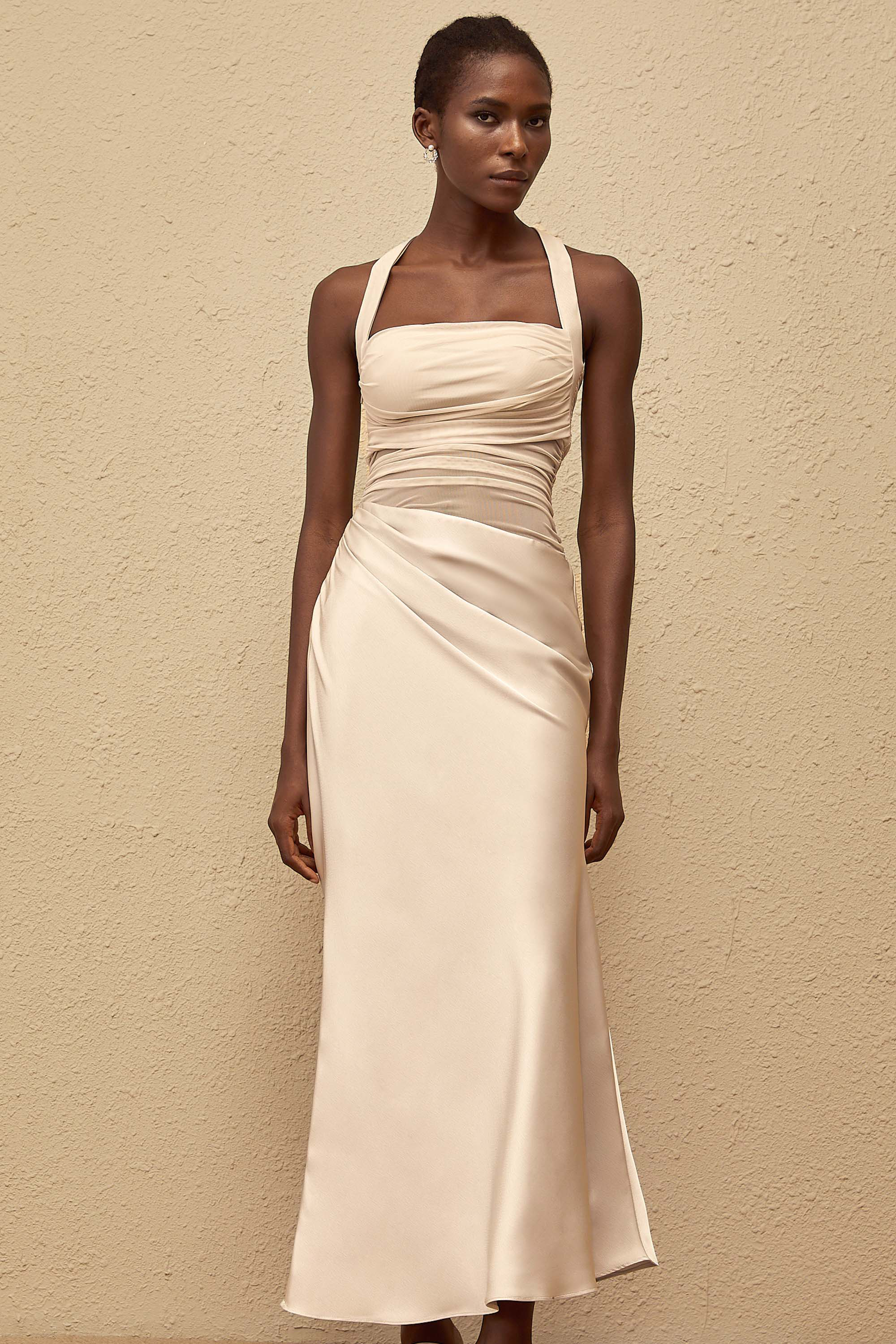 Taina Grey Mesh Panel Ruched Maxi Dress (Final Sale)