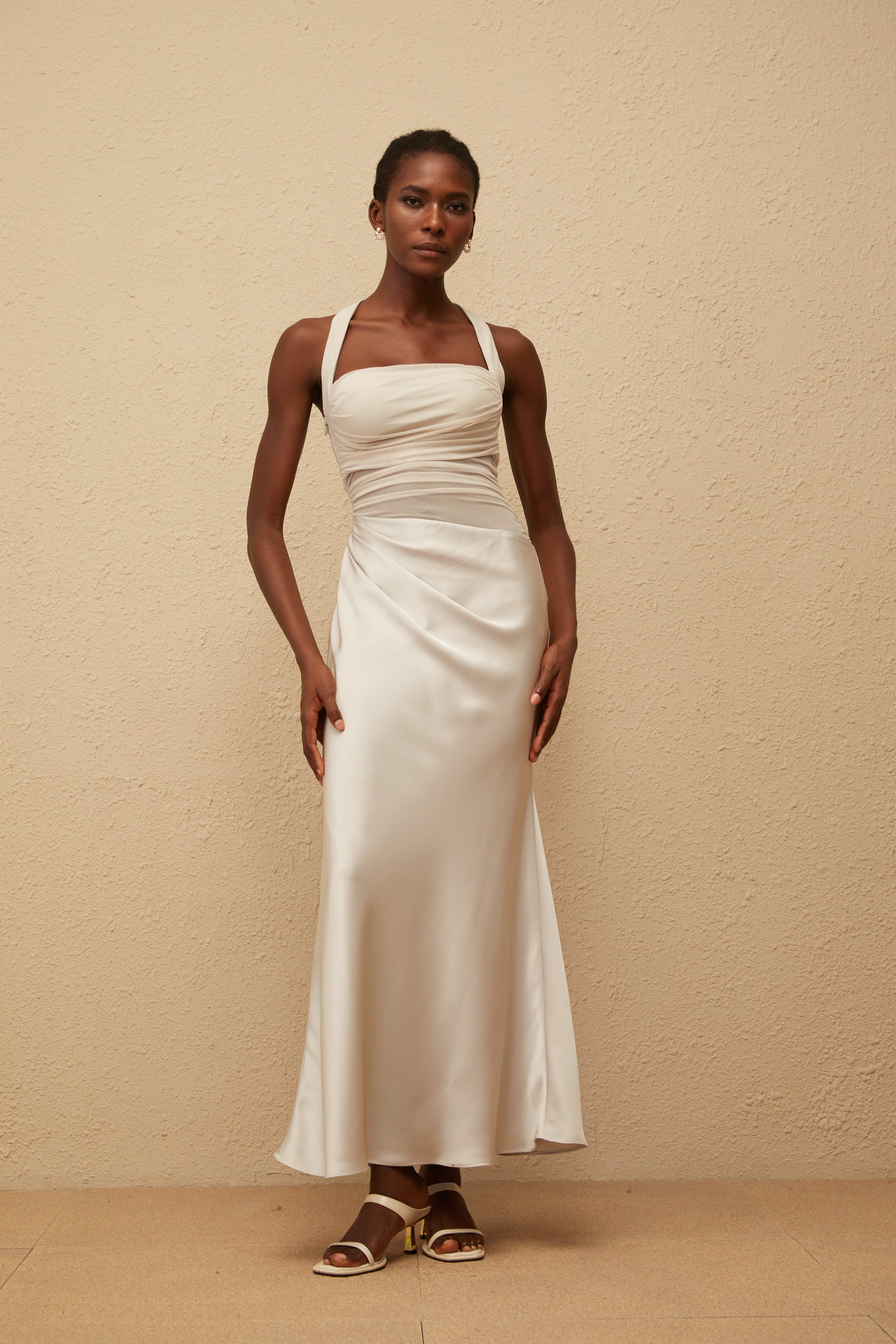 Taina Grey Mesh Panel Ruched Maxi Dress (Final Sale)