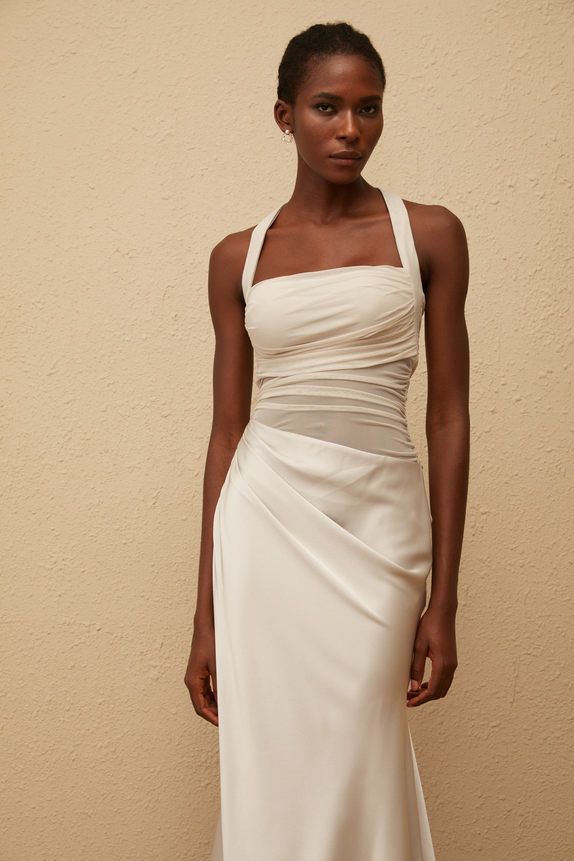 Taina Grey Mesh Panel Ruched Maxi Dress (Final Sale)