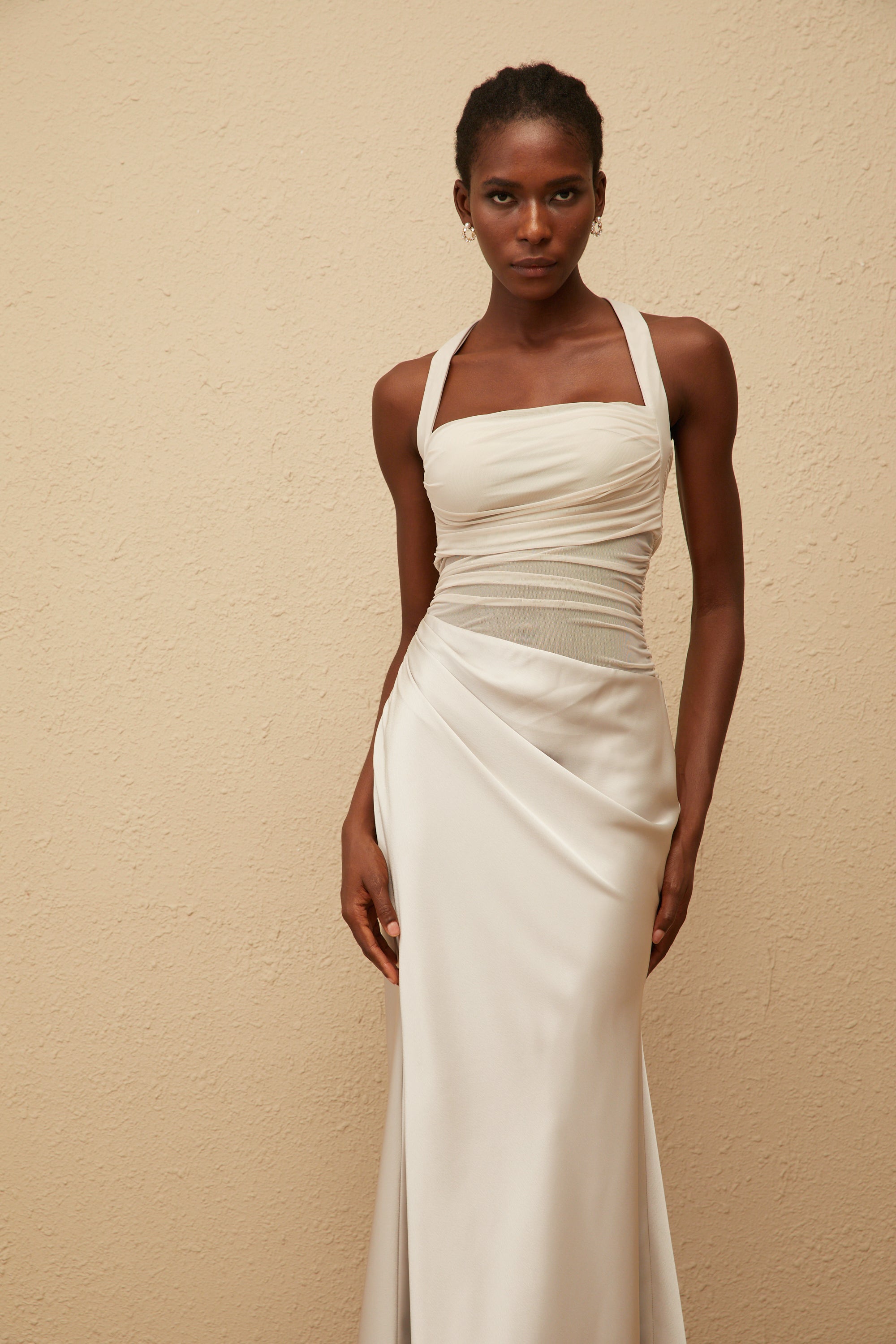 Taina Grey Mesh Panel Ruched Maxi Dress (Final Sale)