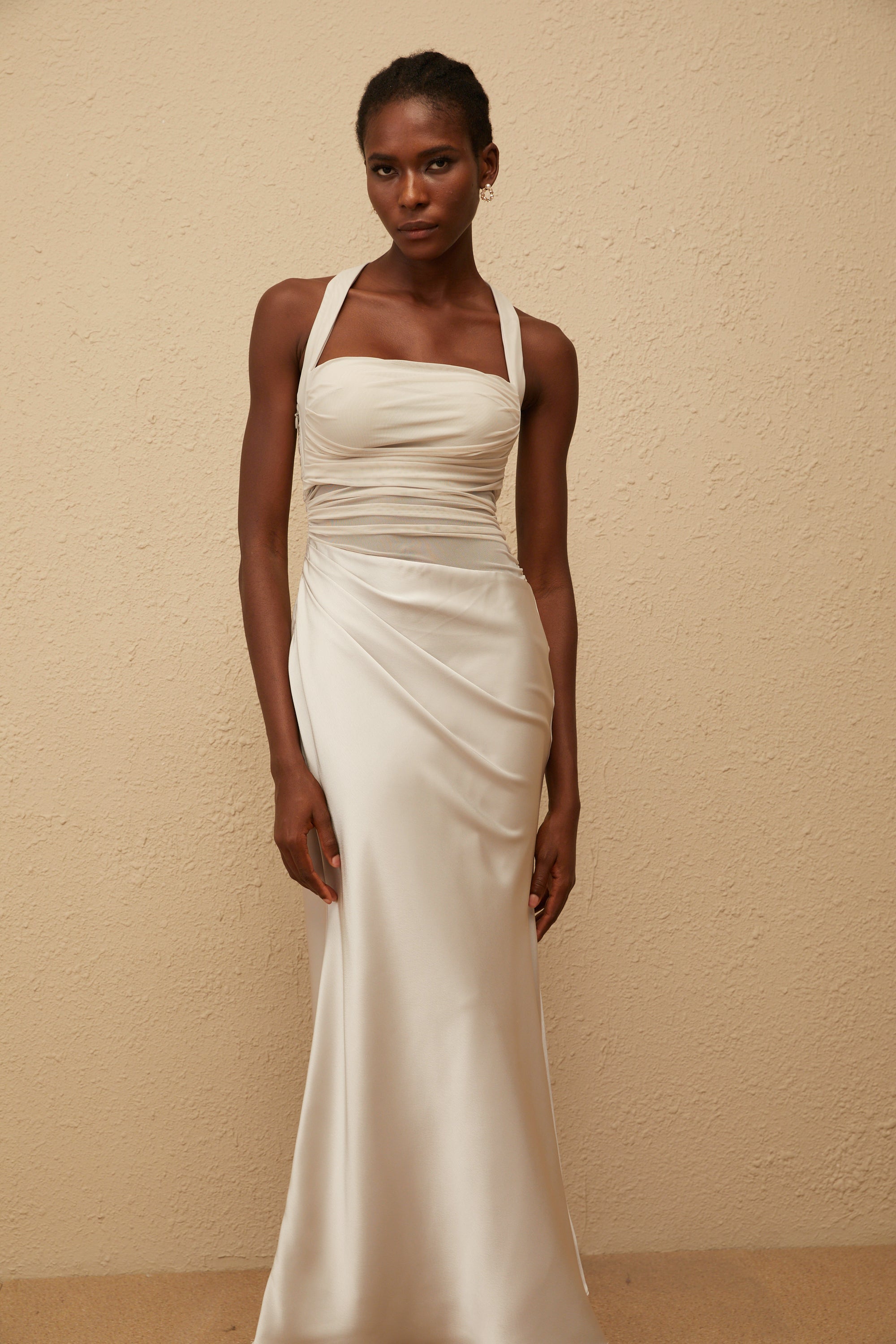 Taina Grey Mesh Panel Ruched Maxi Dress (Final Sale)