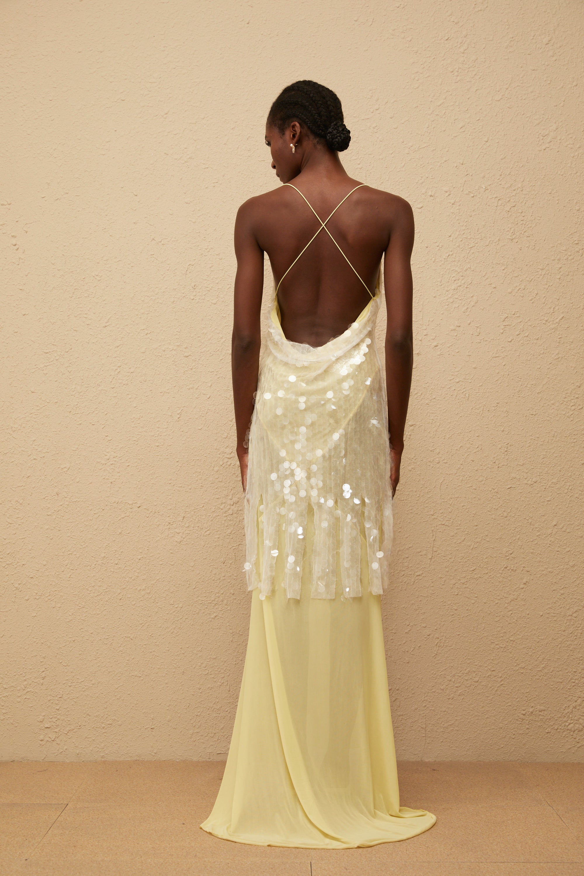 Joyau Yellow Sequin Mesh Maxi Dress