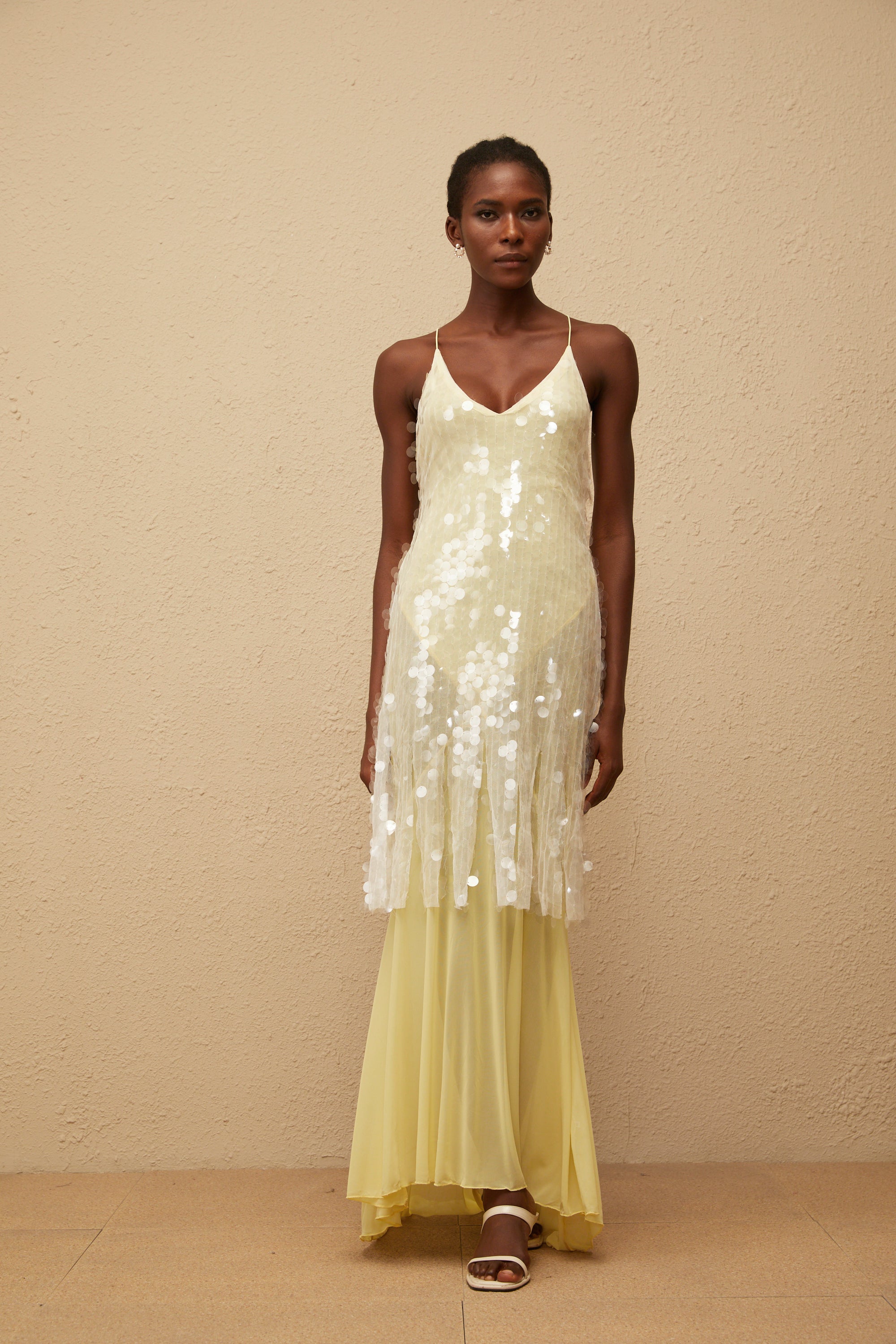 Joyau Yellow Sequin Mesh Maxi Dress