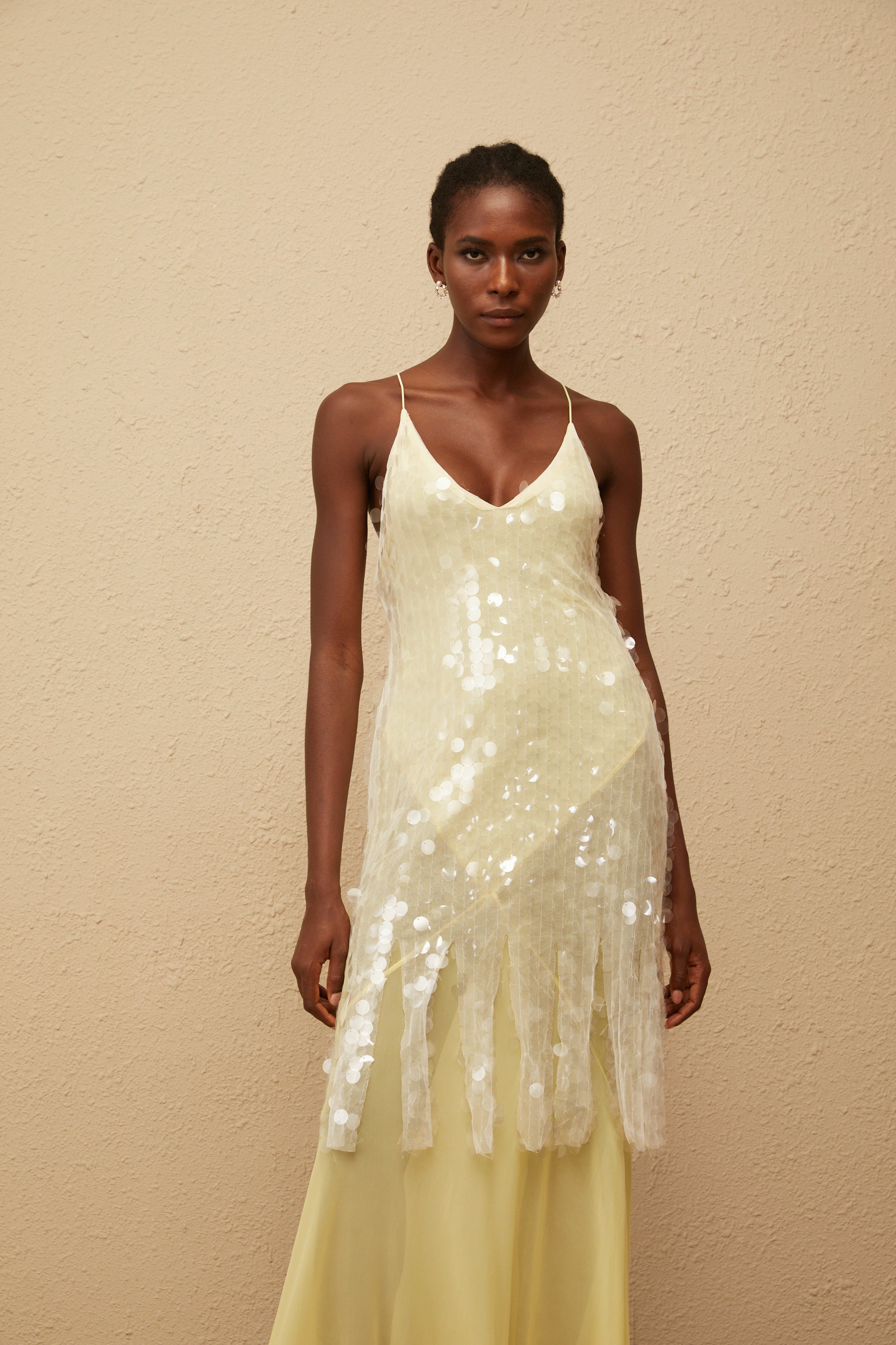 Joyau Yellow Sequin Mesh Maxi Dress