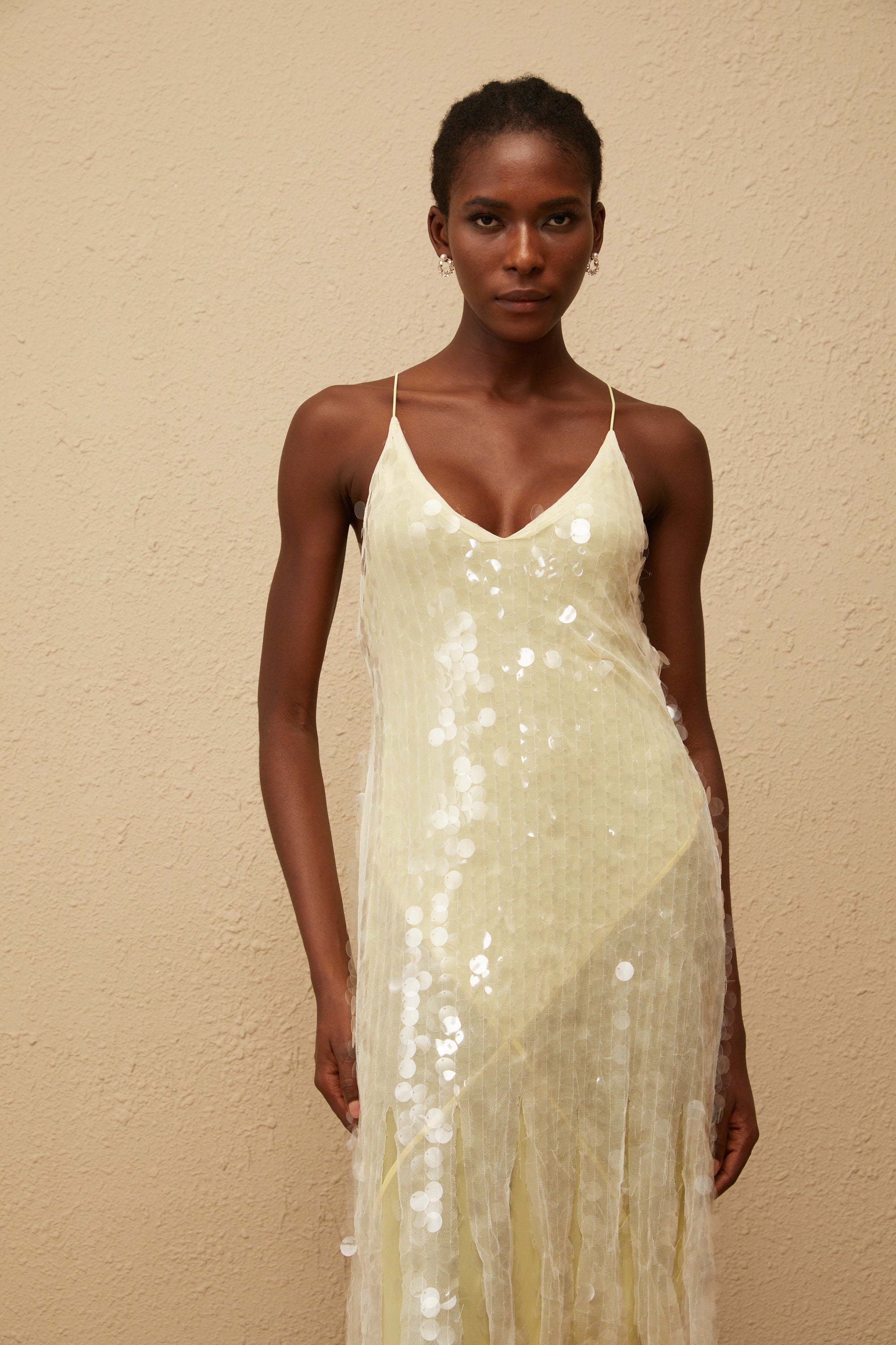 Joyau Yellow Sequin Mesh Maxi Dress