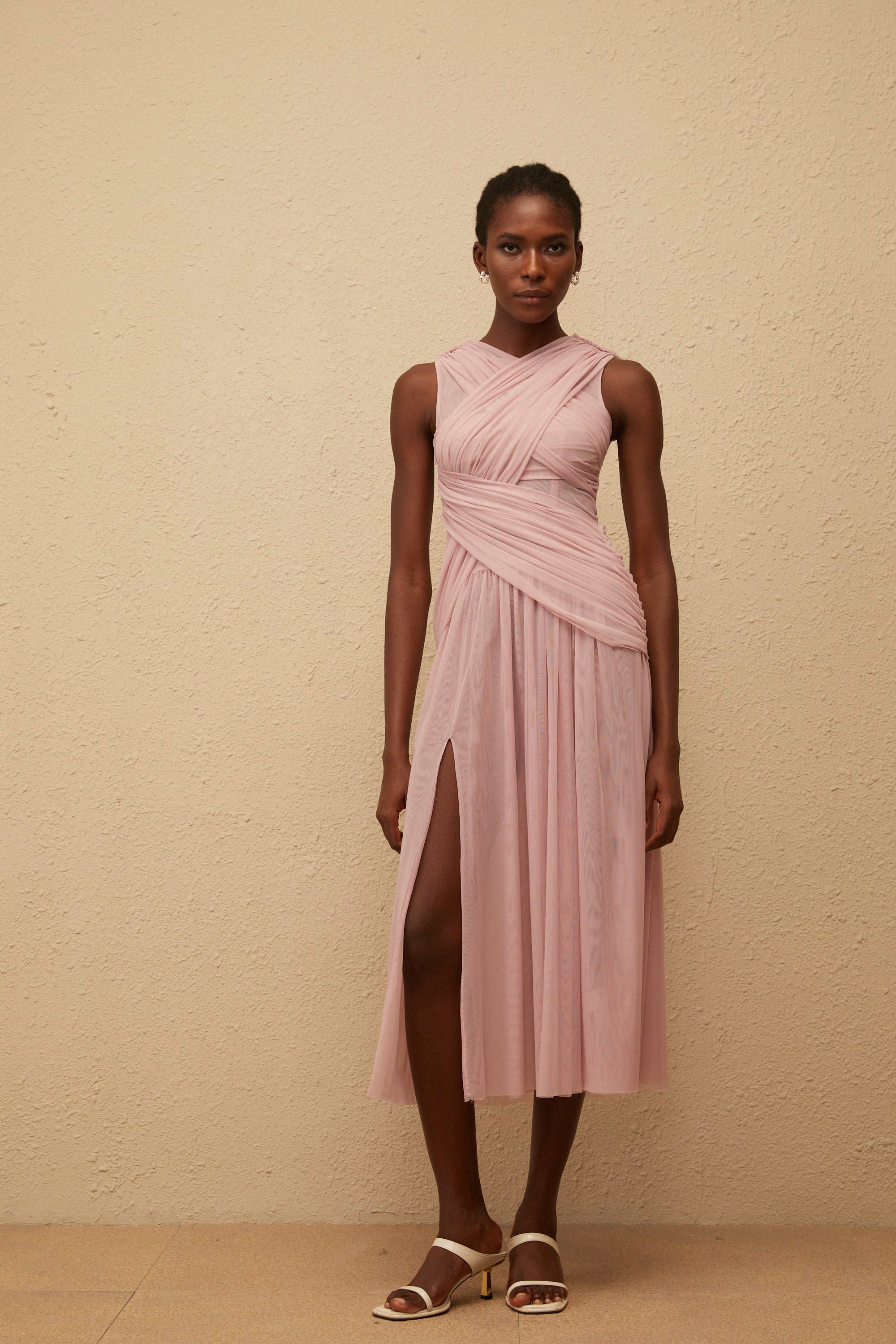 فستان سيرينيتي ليلكي متوسط الطول شبكي متقاطع