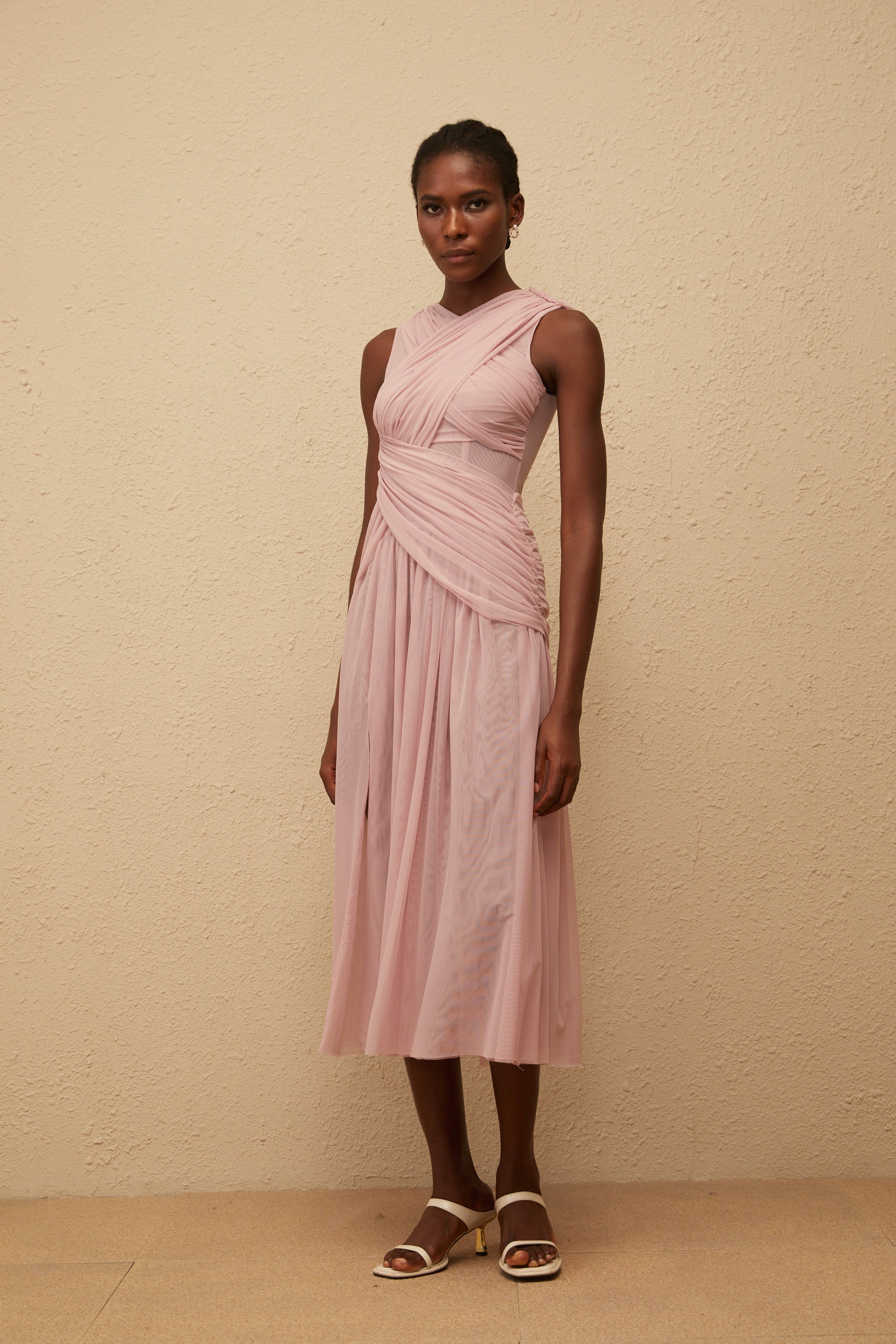 فستان سيرينيتي ليلكي متوسط الطول شبكي متقاطع