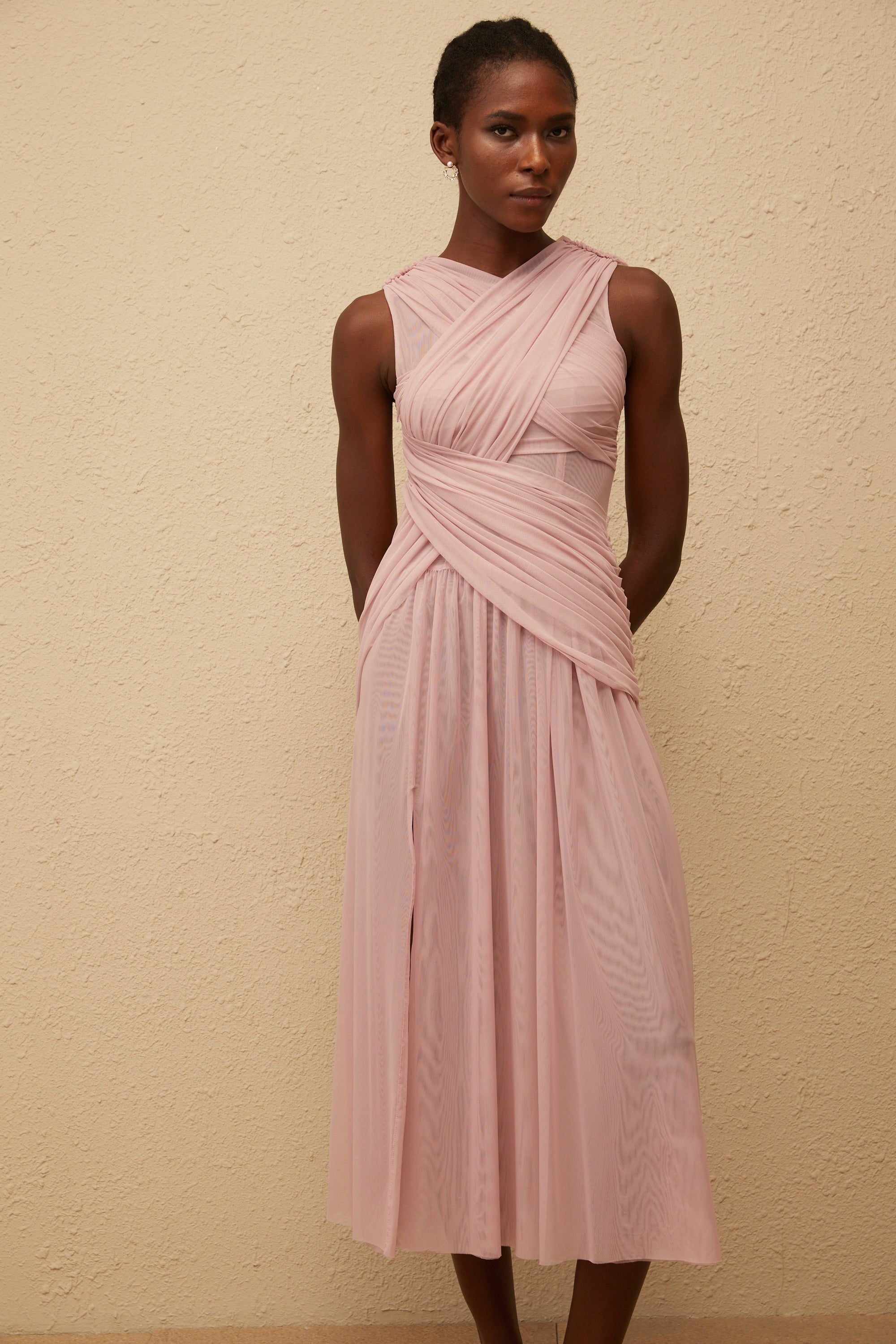 فستان سيرينيتي ليلكي متوسط الطول شبكي متقاطع