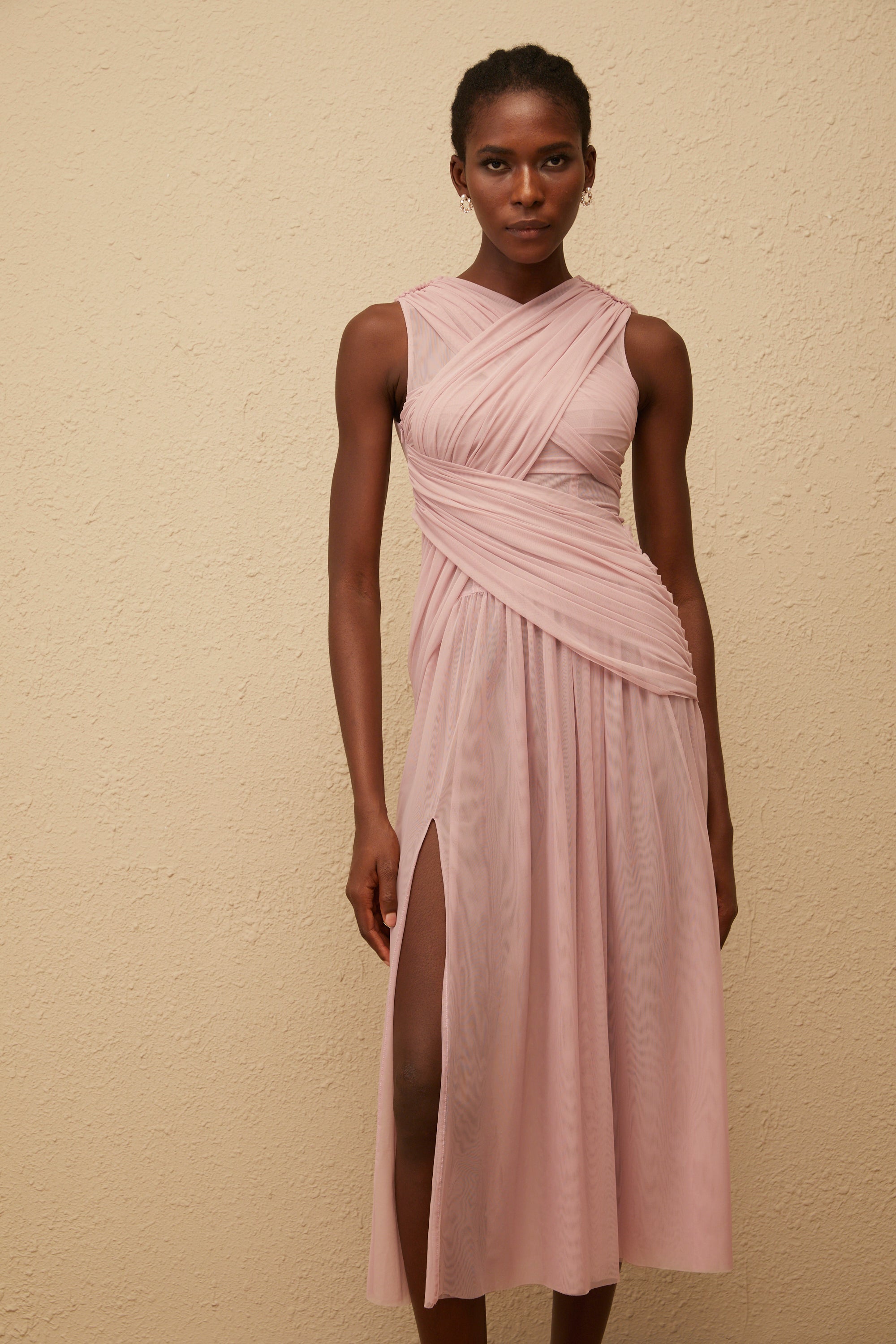 فستان سيرينيتي ليلكي متوسط الطول شبكي متقاطع