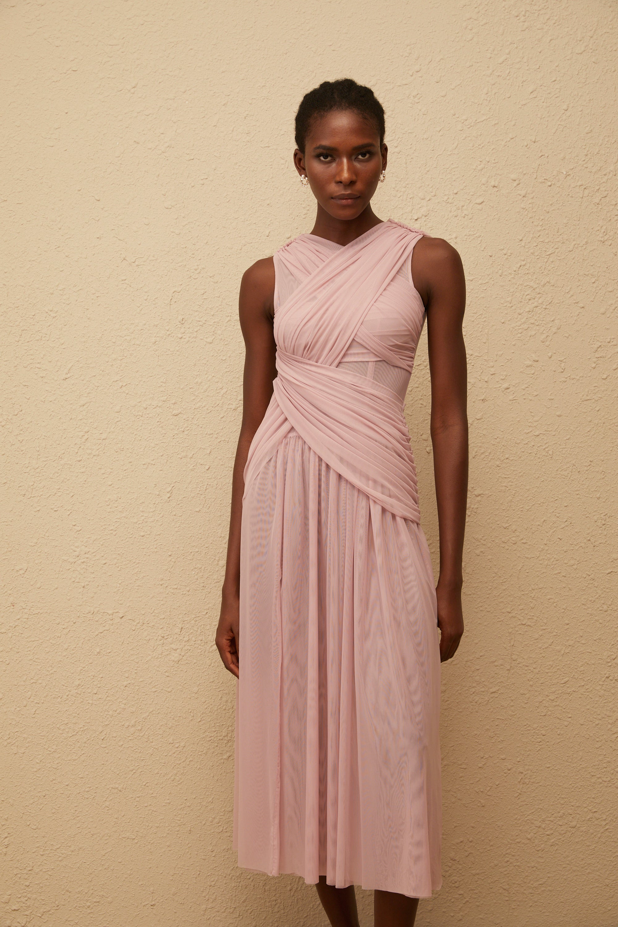 فستان سيرينيتي ليلكي متوسط الطول شبكي متقاطع