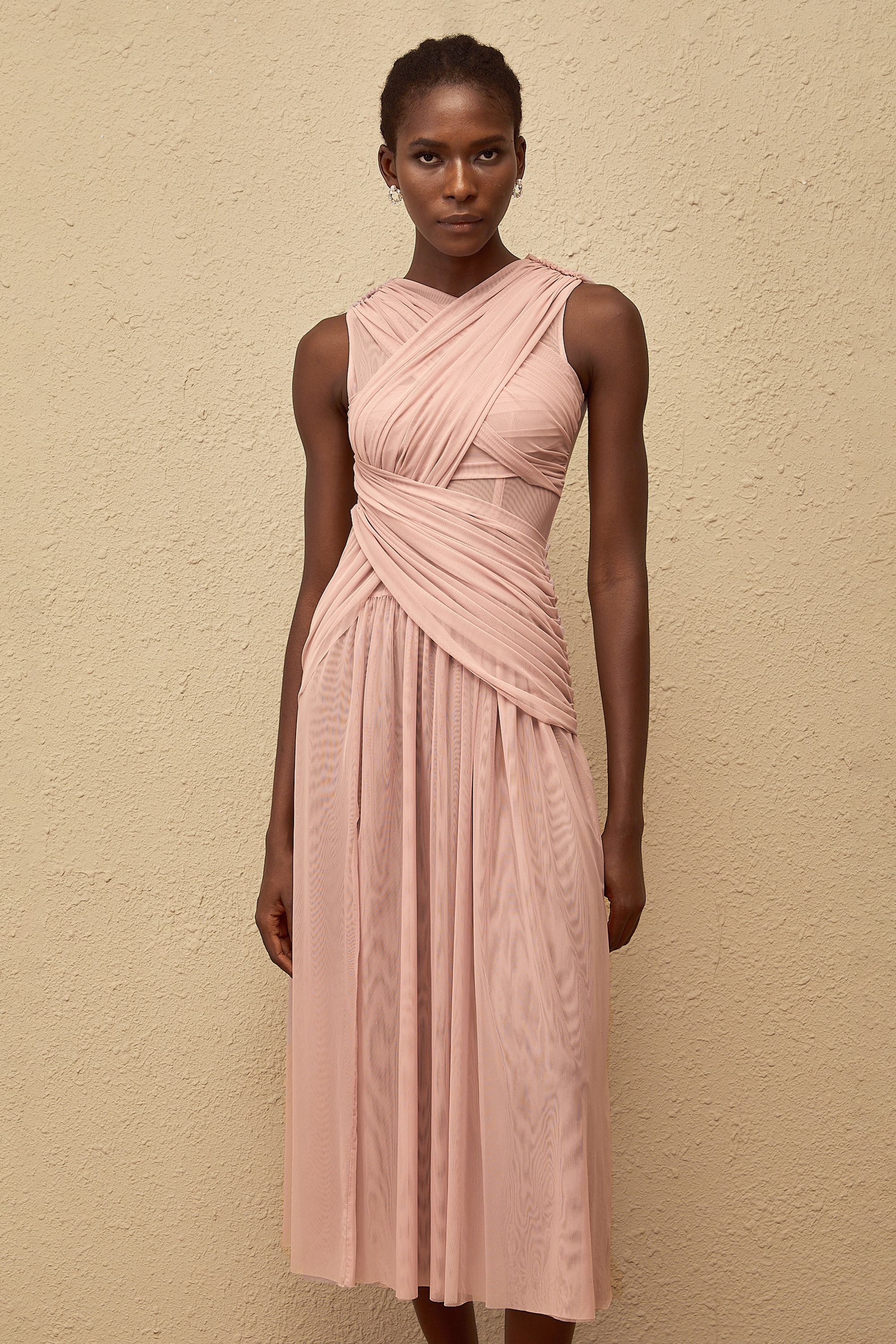 فستان سيرينيتي ليلكي متوسط الطول شبكي متقاطع