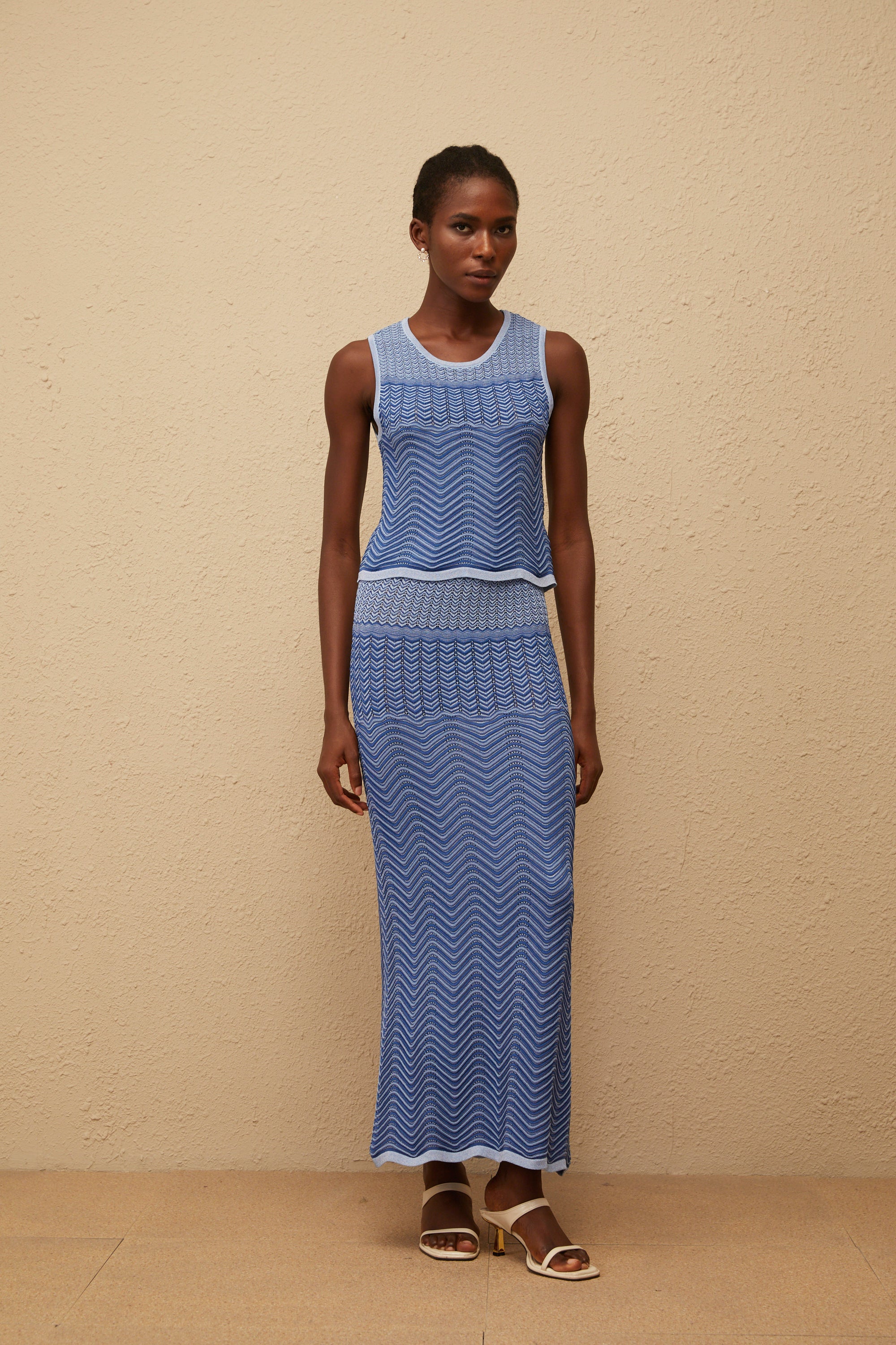 Graphique Blue Wavy Crochet Knit Top & Skirt Co-ord