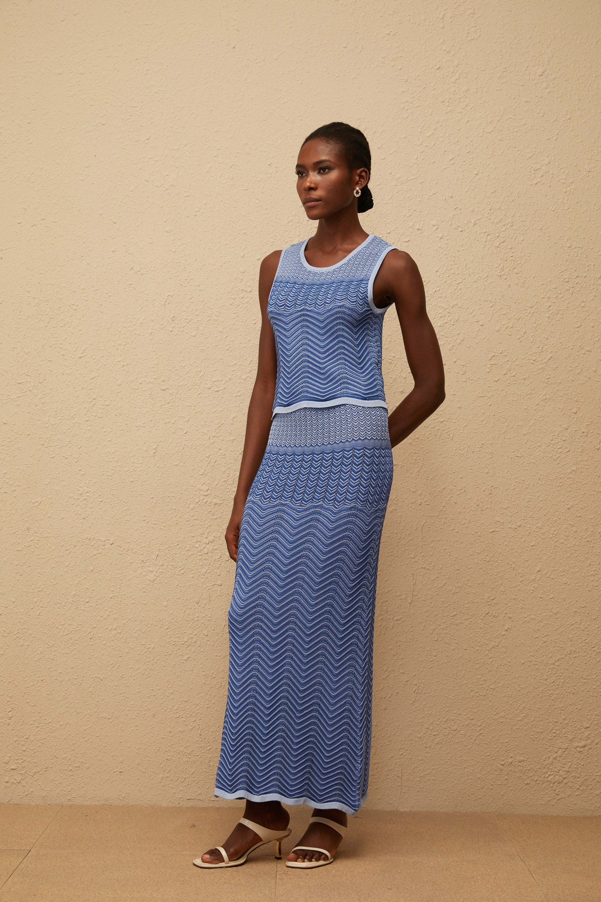 Graphique Blue Wavy Crochet Knit Top & Skirt Co-ord