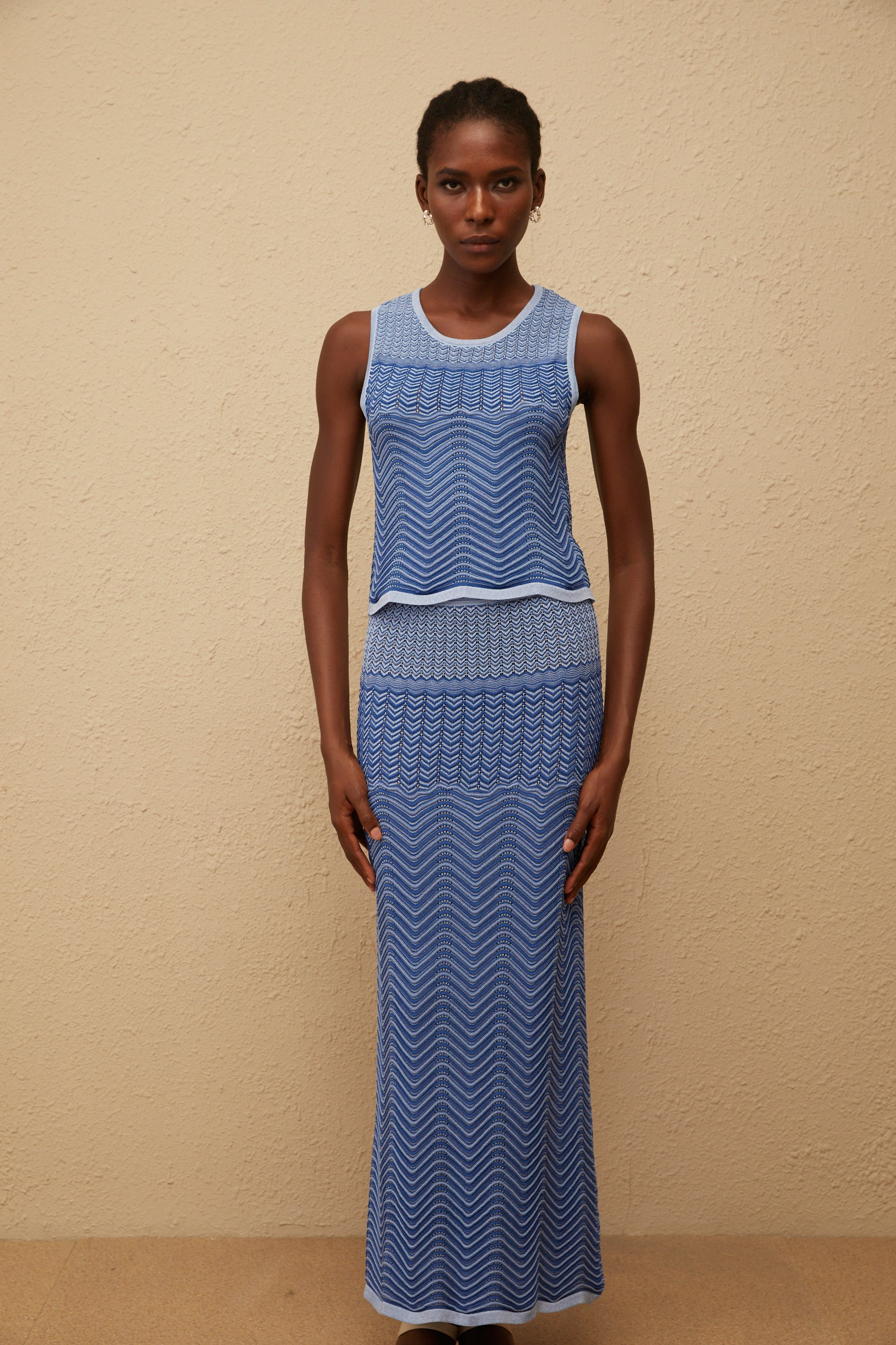 Graphique Blue Wavy Crochet Knit Top & Skirt Co-ord