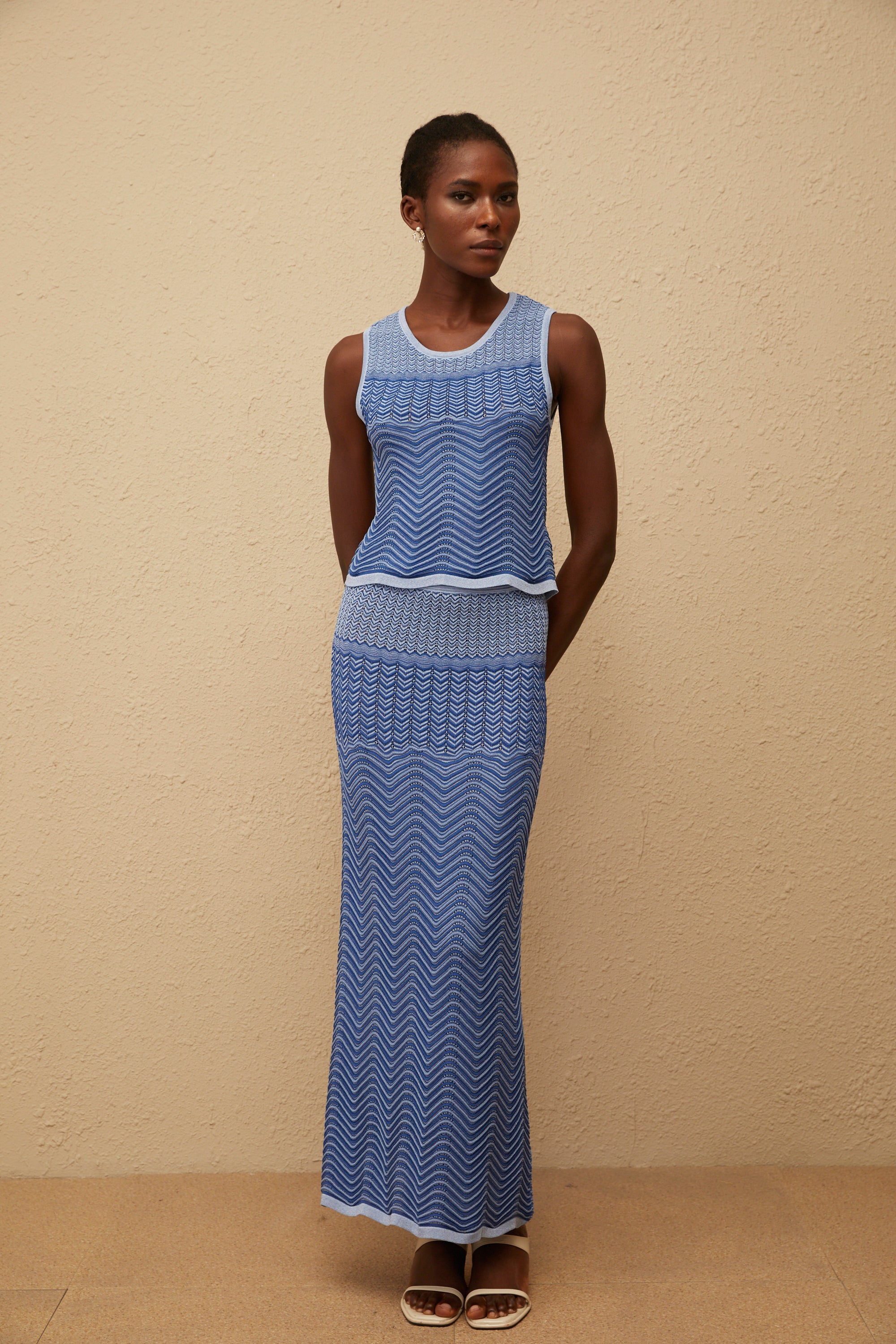 Graphique Blue Wavy Crochet Knit Top & Skirt Co-ord