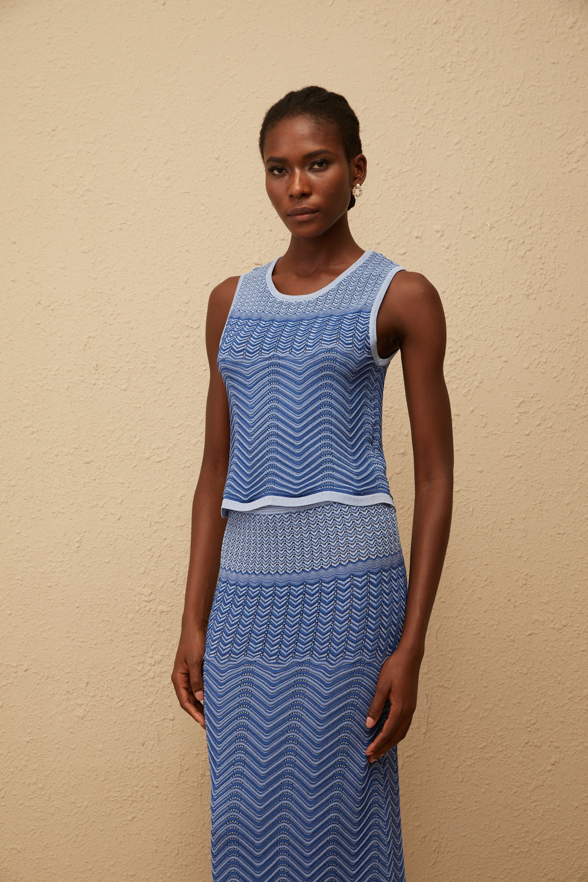 Graphique Blue Wavy Crochet Knit Top & Skirt Co-ord