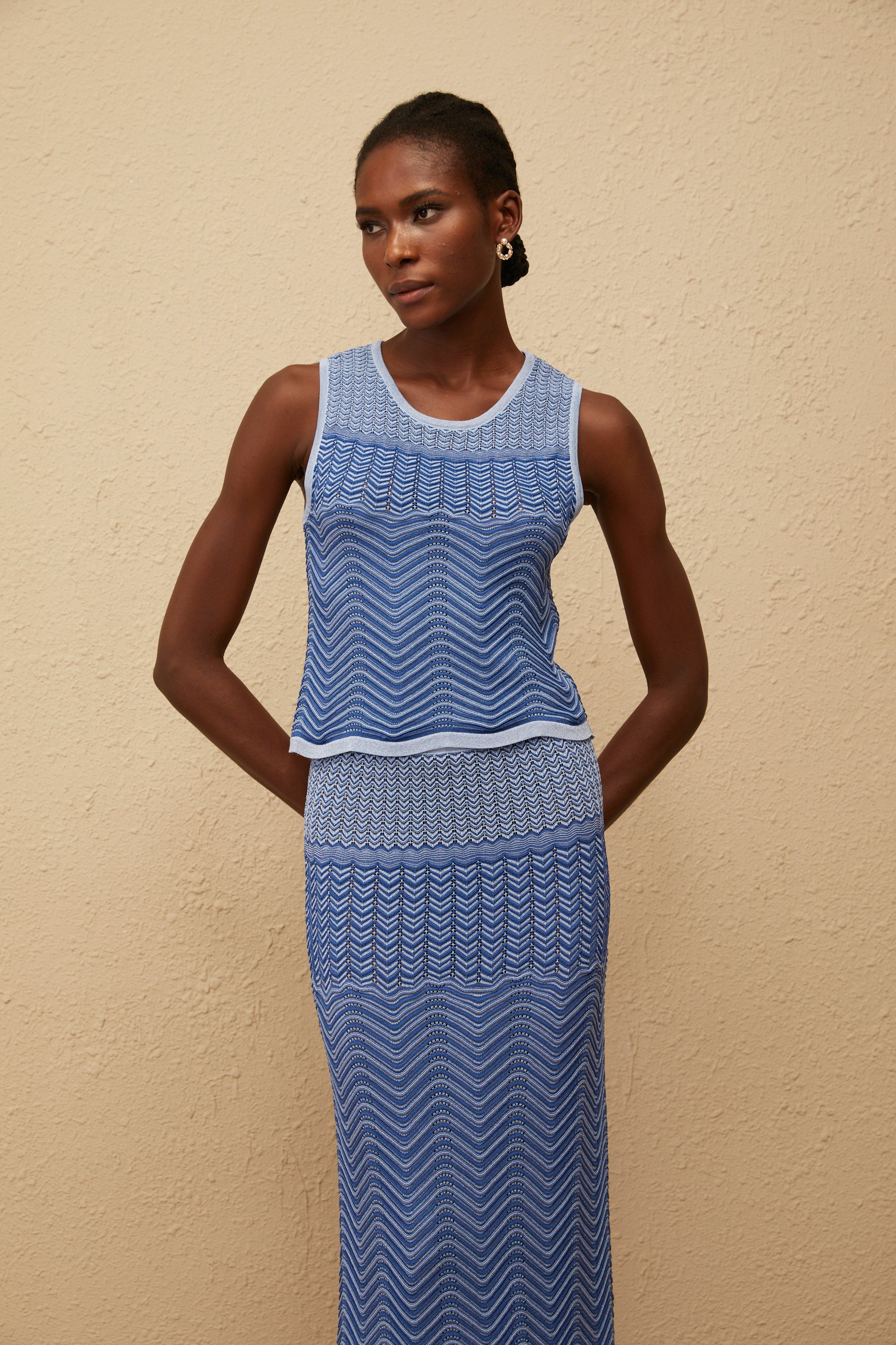 Graphique Blue Wavy Crochet Knit Top & Skirt Co-ord