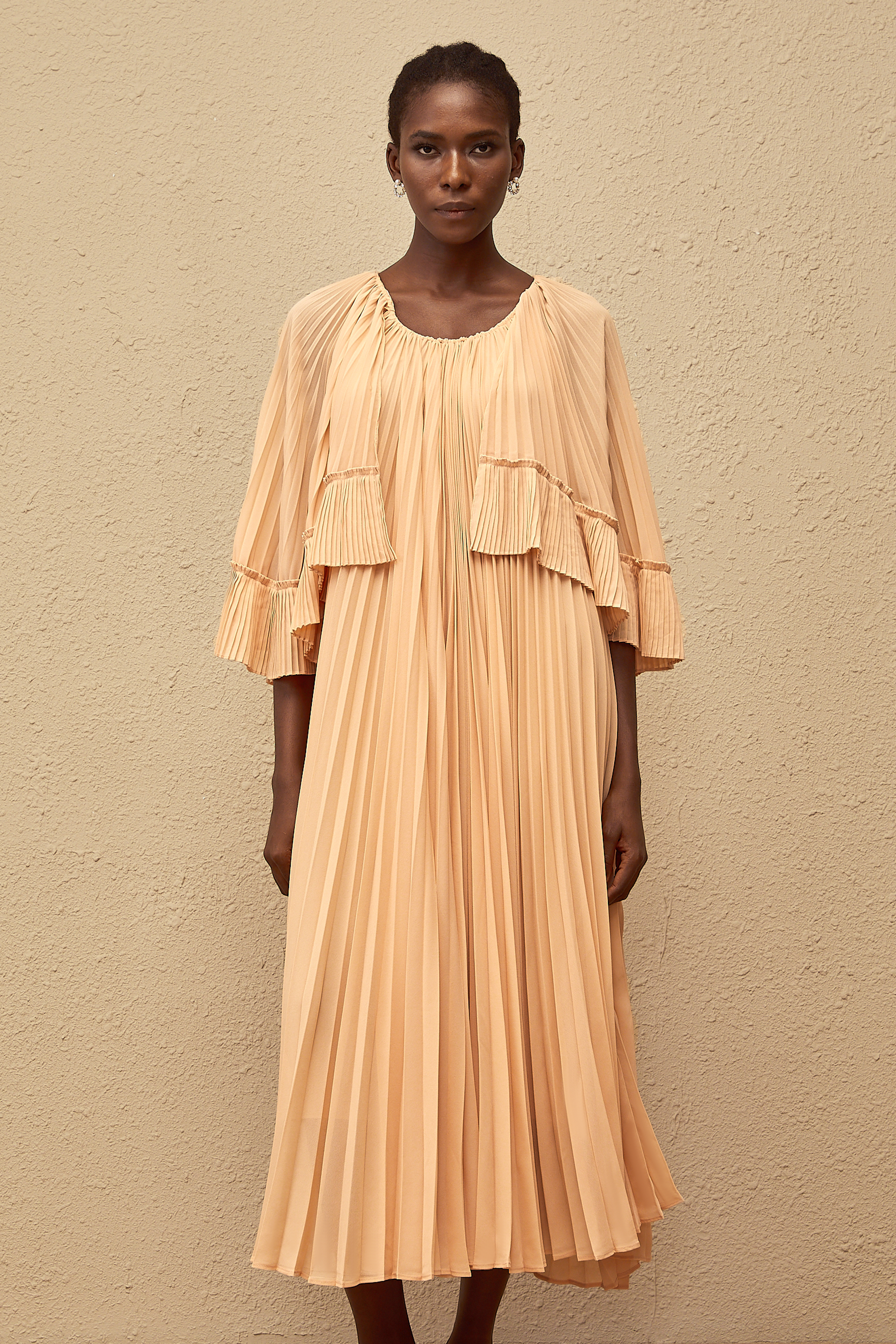 Urbaine Pink Cape Design Pleated Chiffon Midi Dress